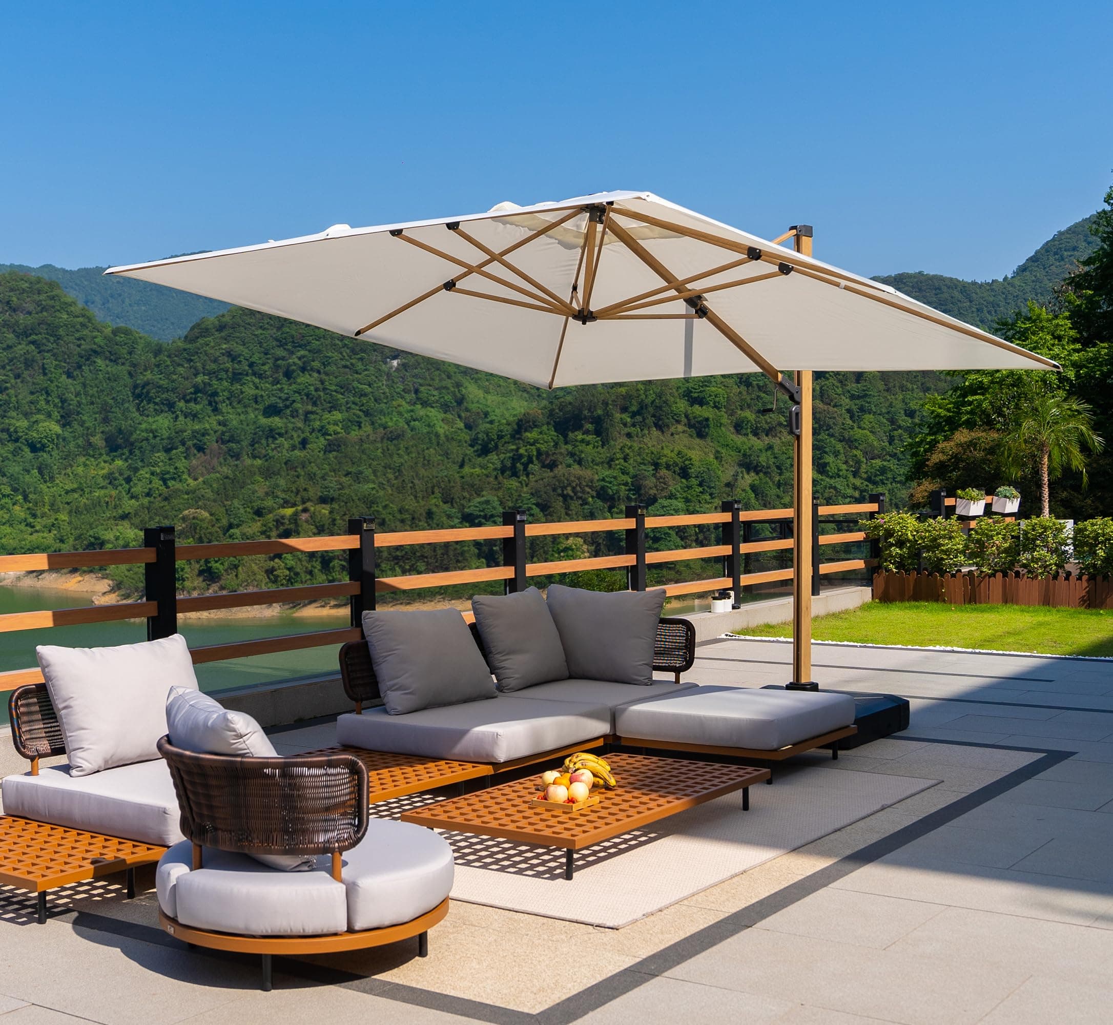 PURPLE LEAF Parasol Déporté 3 x 4 m Rectangulaire avec Pied, Grand Parasol De Jardin Extérieur Structure en Aluminium Finition Teck avec 6 Positions D'inclinaison et Rotation à 360°, Crème