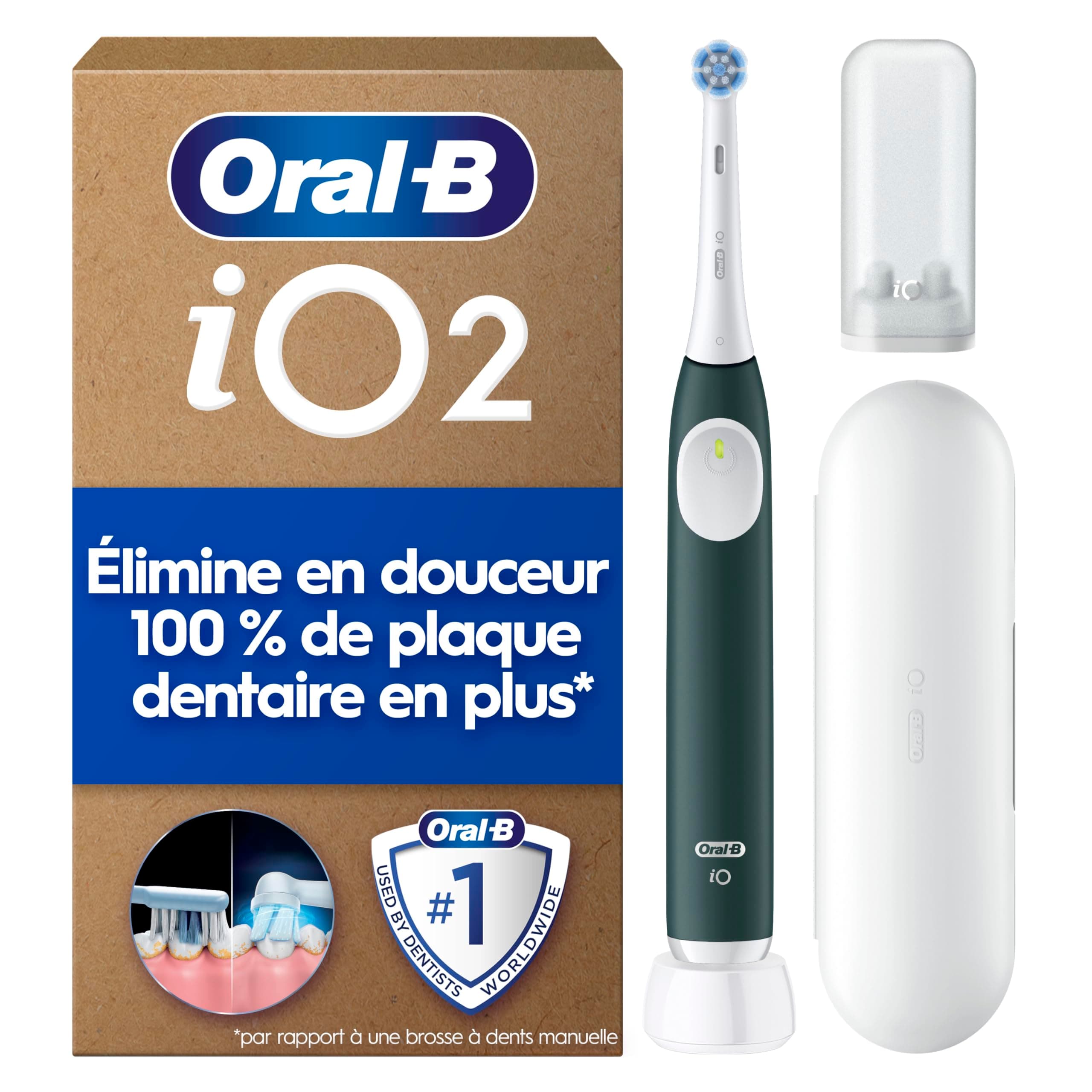 Oral-B iO 2 Brosse A Dents Electrique Vert Forêt Pour Adultes, 3 Modes De Nettoyage, Doux Pour Les Gencives, Brossage Souple, Accessoires, Brossette Oral B De Rechange, Chargeur, Etui De Voyage