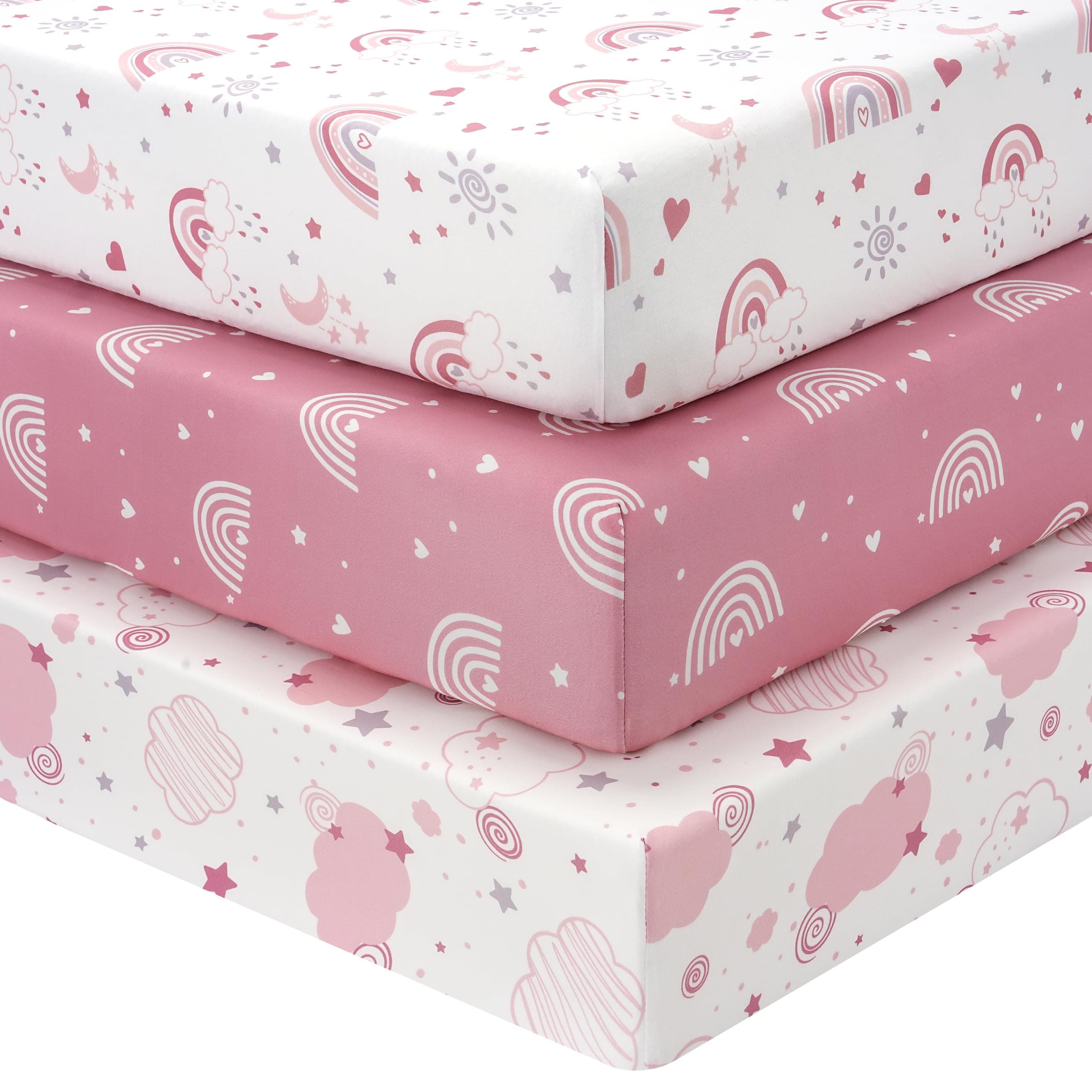 Fiemol Sábanas Bajeras Cuna 120x60 cm, Juego de 3 Sábanas para Cuna de Bebé, con Esquinas Elásticas, Microfibra Ultra Suave y Sedosa, Rosa y Arcoíris