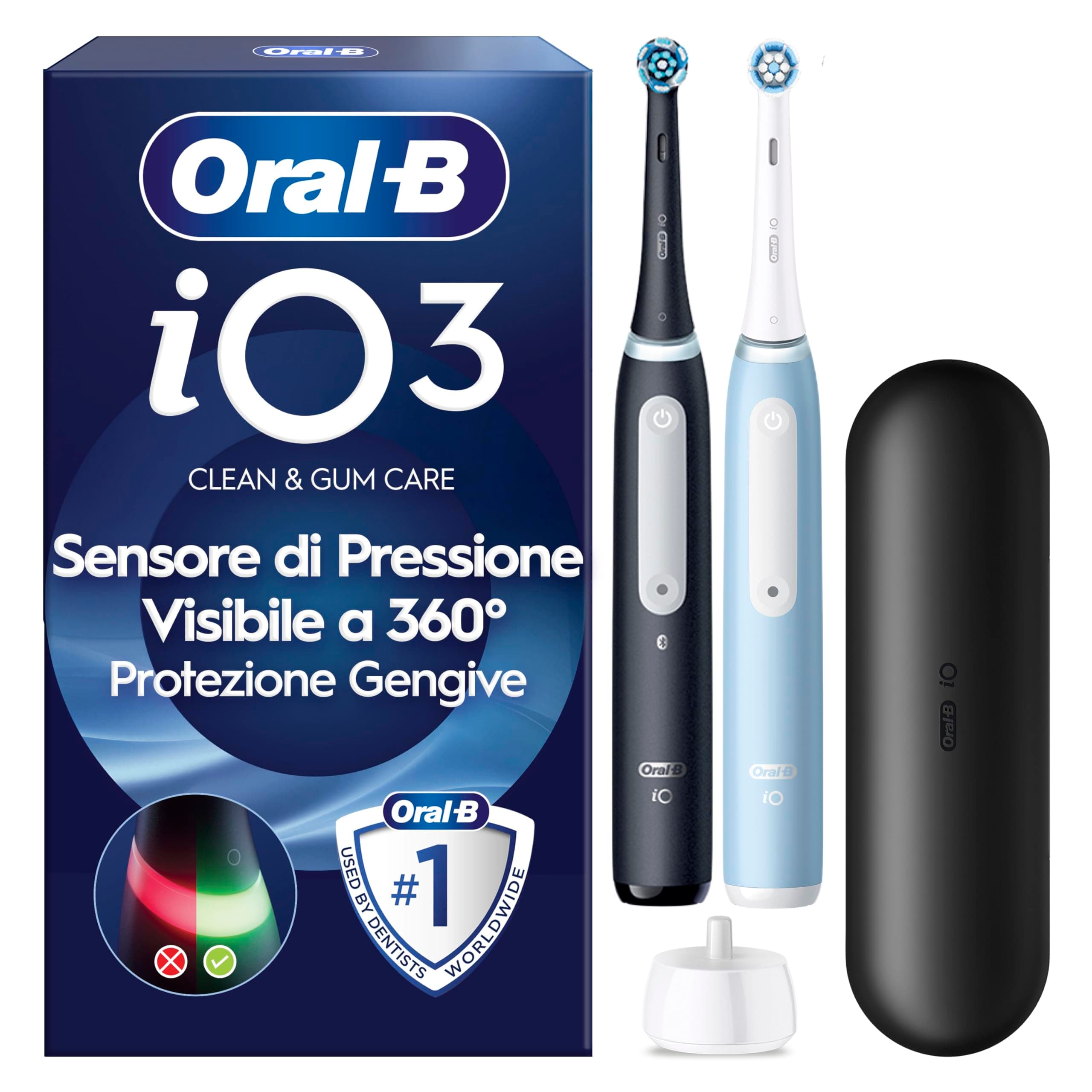 Oral-B iO 3, 2 Spazzolini Elettrici, 2 Testina di Ricambio, Nero e Blu | 2 Testine di Ricambio per Spazzolino Elettrico Ricaricabile, Custodia Viaggio, Sensore di Pressione, Pulizia Denti Efficace