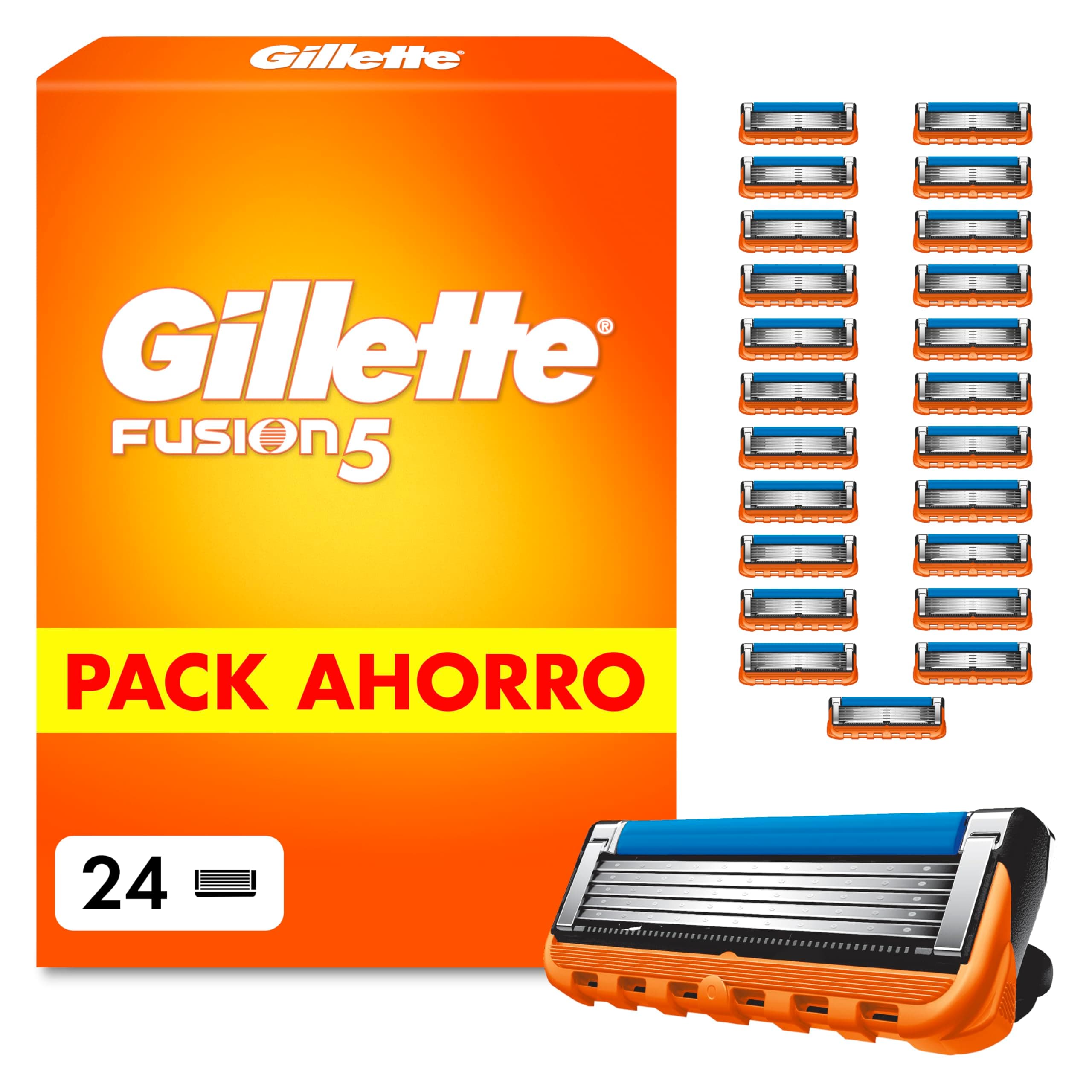 Gillette Fusion5 Recambios para Maquinillas de Afeitar, Pack de 24 Cuchillas de Afeitar con 5 Hojas, Banda de Gel Lubricante Y Recortadora de Precisión