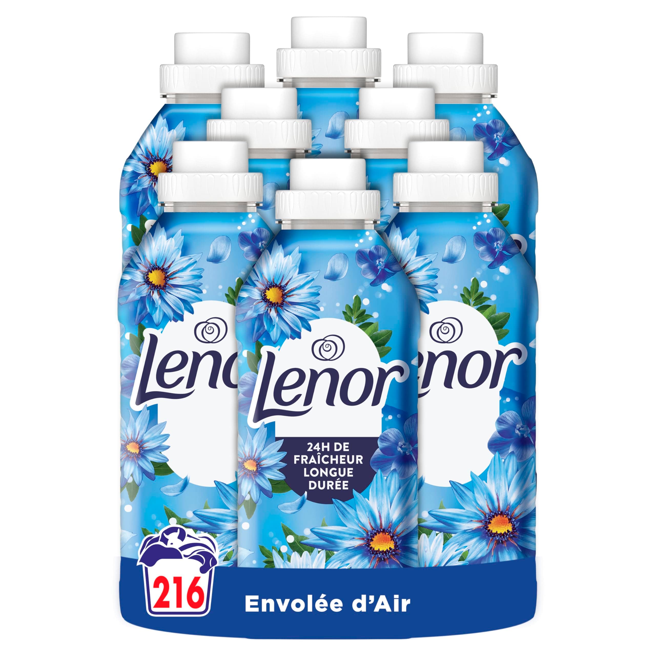 Lenor Adoucissant 216 (8x27) Lavages, Parfum Envolée d’Air, 24H De Fraîcheur Relaxante, Avec Une Touche D’Huiles Essentielles, Testé Dermatologiquement, Fabriqué En France