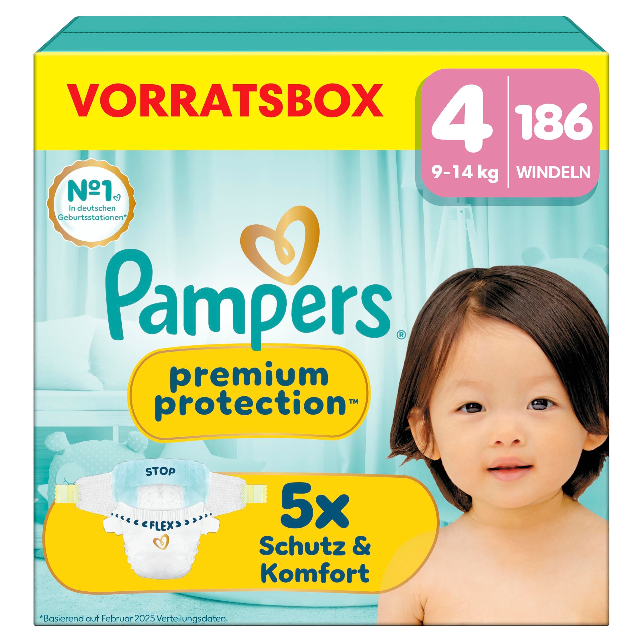 Pampers Premium Protection Größe 4, 186 Windeln, 9kg-14kg | unser Nr. 1 Haut- und Auslaufschutz