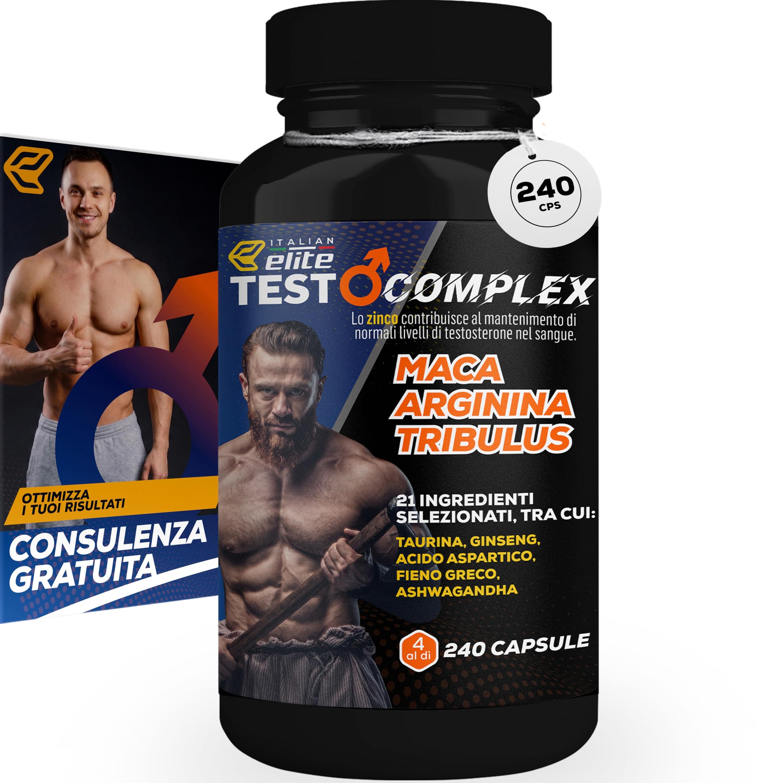 Italian Elite® Testo Complex 240 caps Maca Peruviana 8000mg Integratore | Con 21 ingredienti tra cui Zinco, Tribulus, Fieno Greco, Ashwagandha, Arginina, Ginkgo, Taurina, Ginseng, Vitamine e Minerali