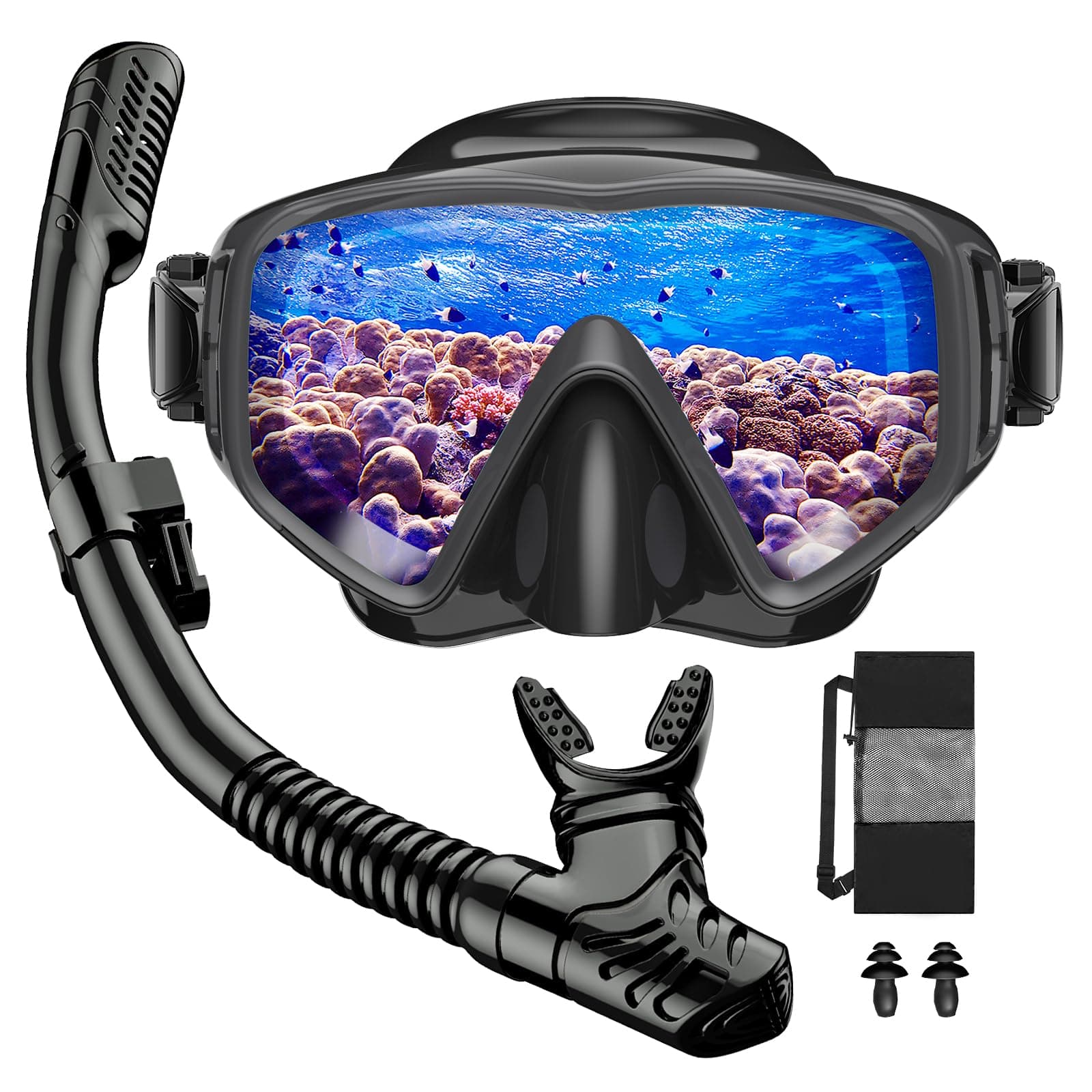 JEMULICE Gafas y Tubo de Snorkel Set para Adulto, Panorámico de 180° Gafas de Buceo Adulto de Cristal Templado y Dry Top Snorkel, Equipo de Buceo Juego de Snorkel Profesional para Mujeres Y Hombres