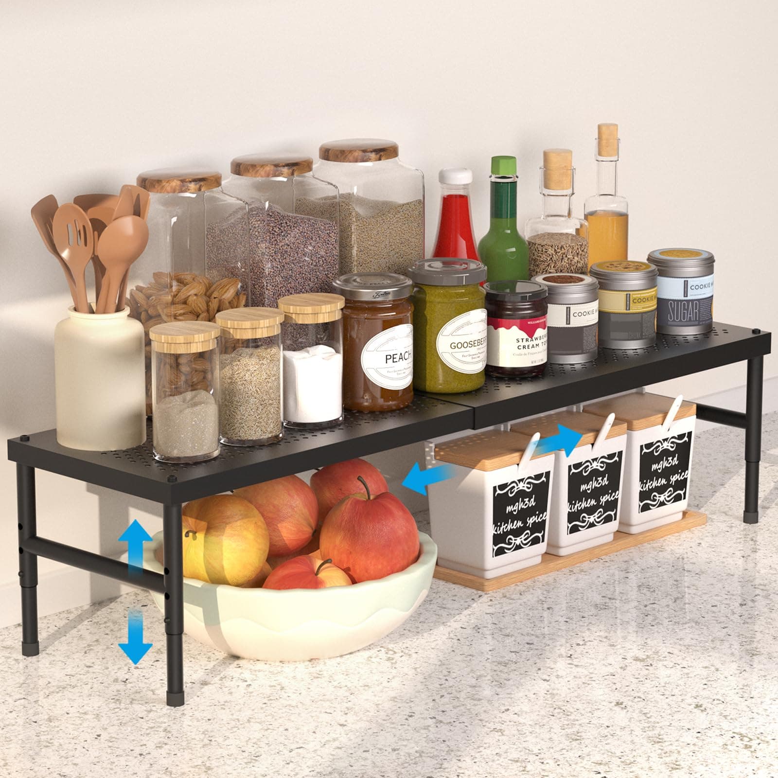 HI NINGER Organizador de Cocina Expandible de 42–72 cm, Especiero para Cocina Ajustable y Apilable, Estante Organizador para Armario, Apto para Encimeras de Diferentes Anchuras (Negro)