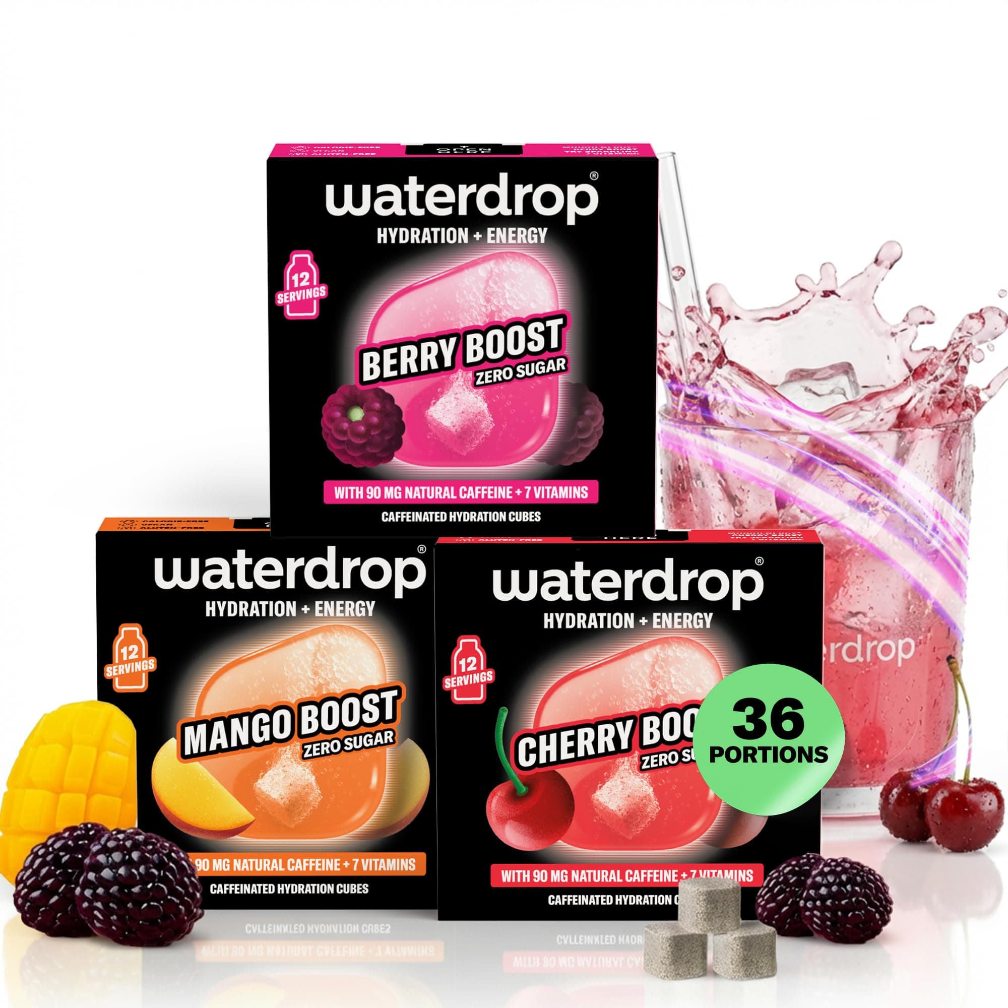 waterdrop® Coffret Microenergy, Boisson Énergisante Sans Sucre, Boisson Gazeuse aux Arômes de Mûre, Mangue et Cerise, 36 Cubes Effervescents avec 90 mg de Caféine Naturelle, Vitamines B et C