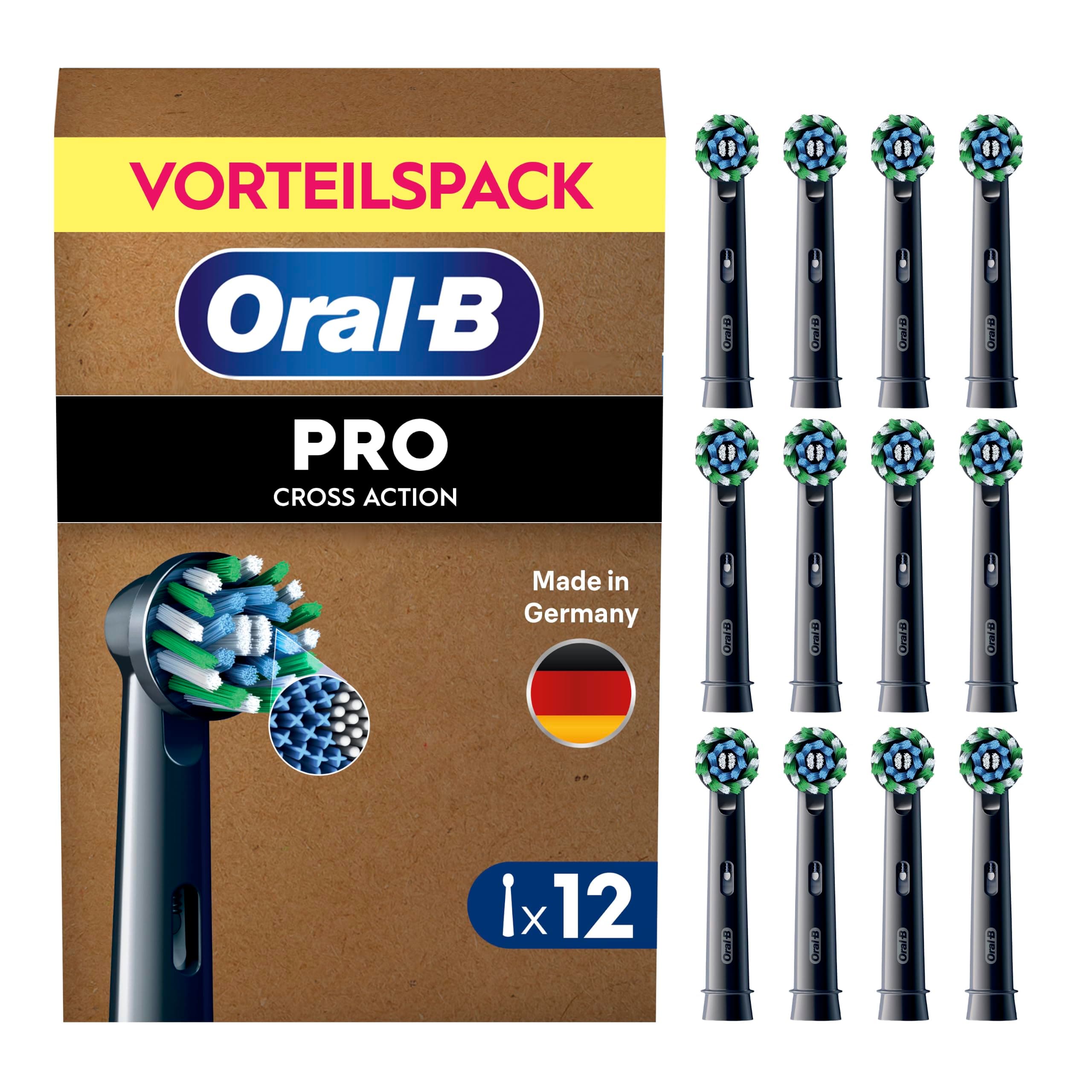 Oral-B Aufsteckbürsten PRO CrossAction, Schwarz, 12 Stück | Original Zahnbürstenaufsatz für Elektrische Zahnbürste, Gründliche Plaque-Entfernung und Überlegene Zahnreinigung