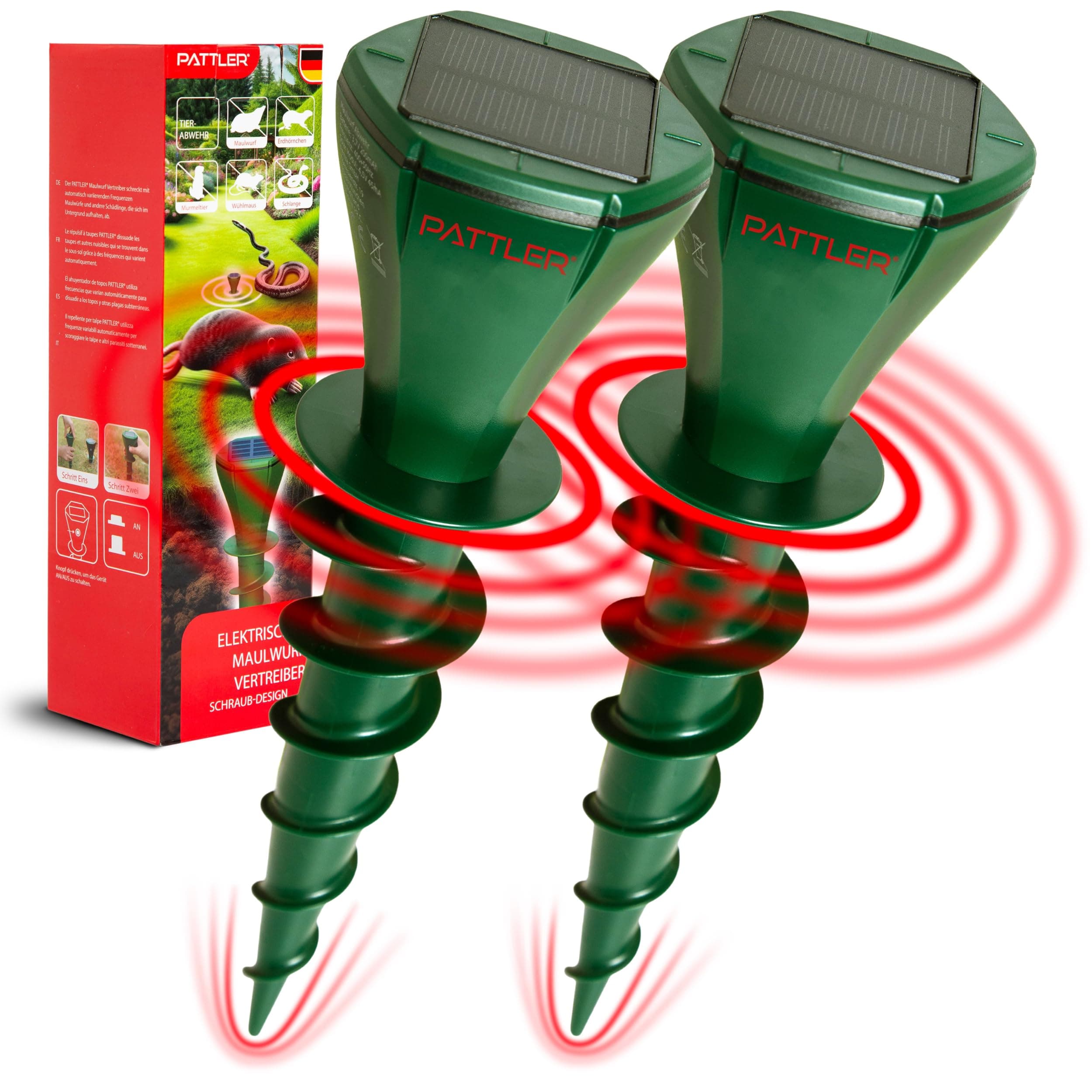 PATTLER Scaccia Talpe Solare a Ultrasuoni Impermeabile, Repellente Serpenti, Dissuasori per Talpe, Dissuasore per Topi, Repellente per Serpenti, Trappola Talpe, Repellente Lucertole | 2 Pezzi