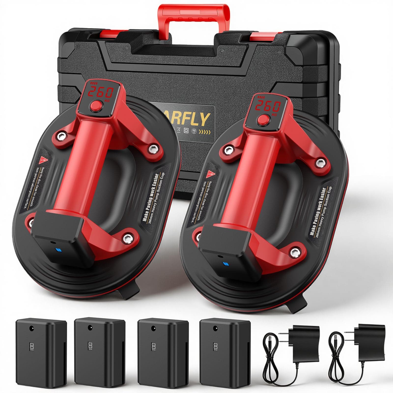 SOARFLY 10 Pouces Ventouse Électrique, Lot de 2, 4 Batteries, 260 kg | Aspiration en 5 s, maintien automatique de la pression, écran LED, 4 batteries amovibles, mallette rigide, lot de 2