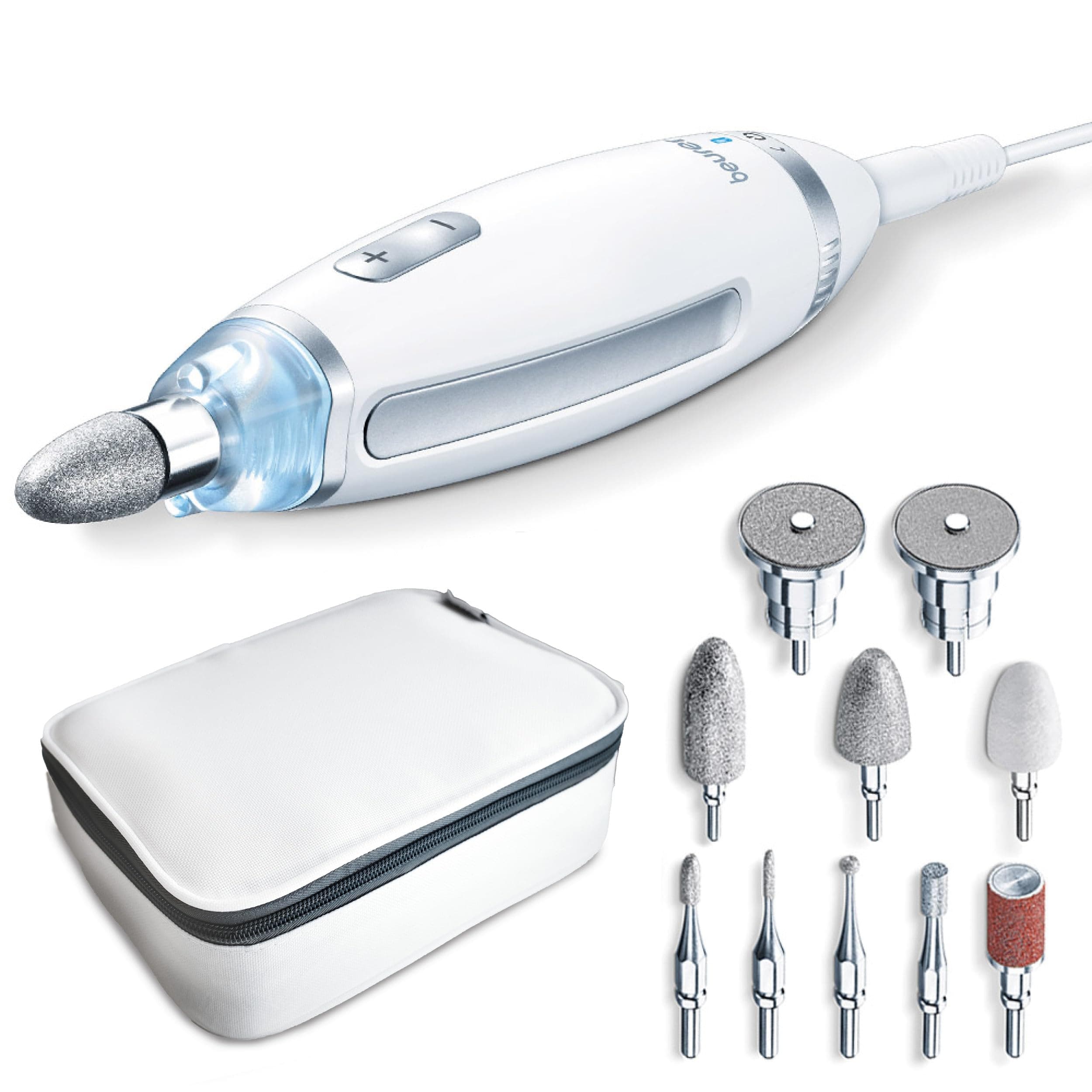 Beurer MP 62 Set de manucure/pédicure, lime à ongles électrique avec 10 embouts de soin des ongles de haute qualité, lumière LED, fraise à ongles avec réglage de la vitesse en continu, blanc