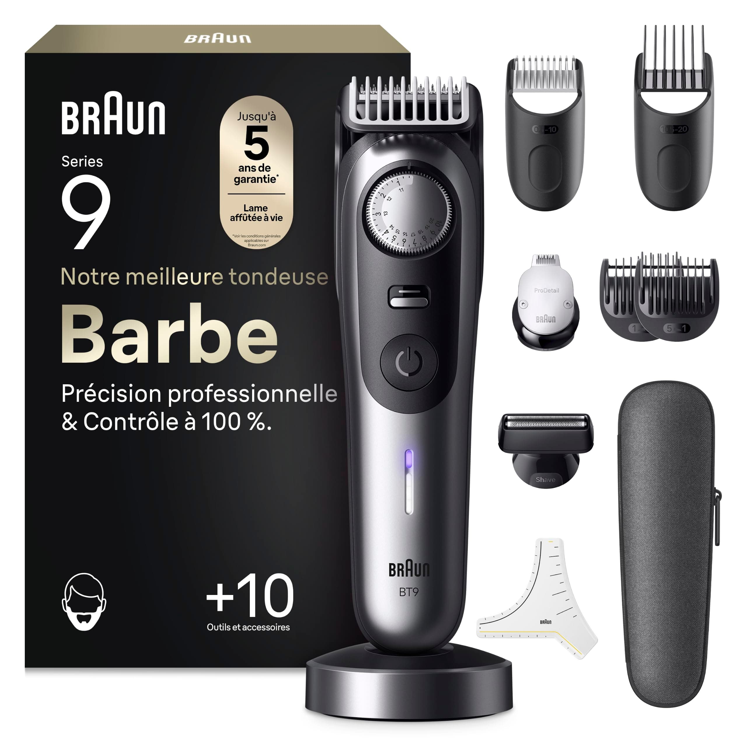 Braun Tondeuse Barbe Homme Series 9 BT9545, Chrome – Etanche, Batterie Rechargeable, Lame ProBlade, 52 Longueurs, Coffret avec +11 Outils de Barbier, Etui de Voyage, Emballage en Carton