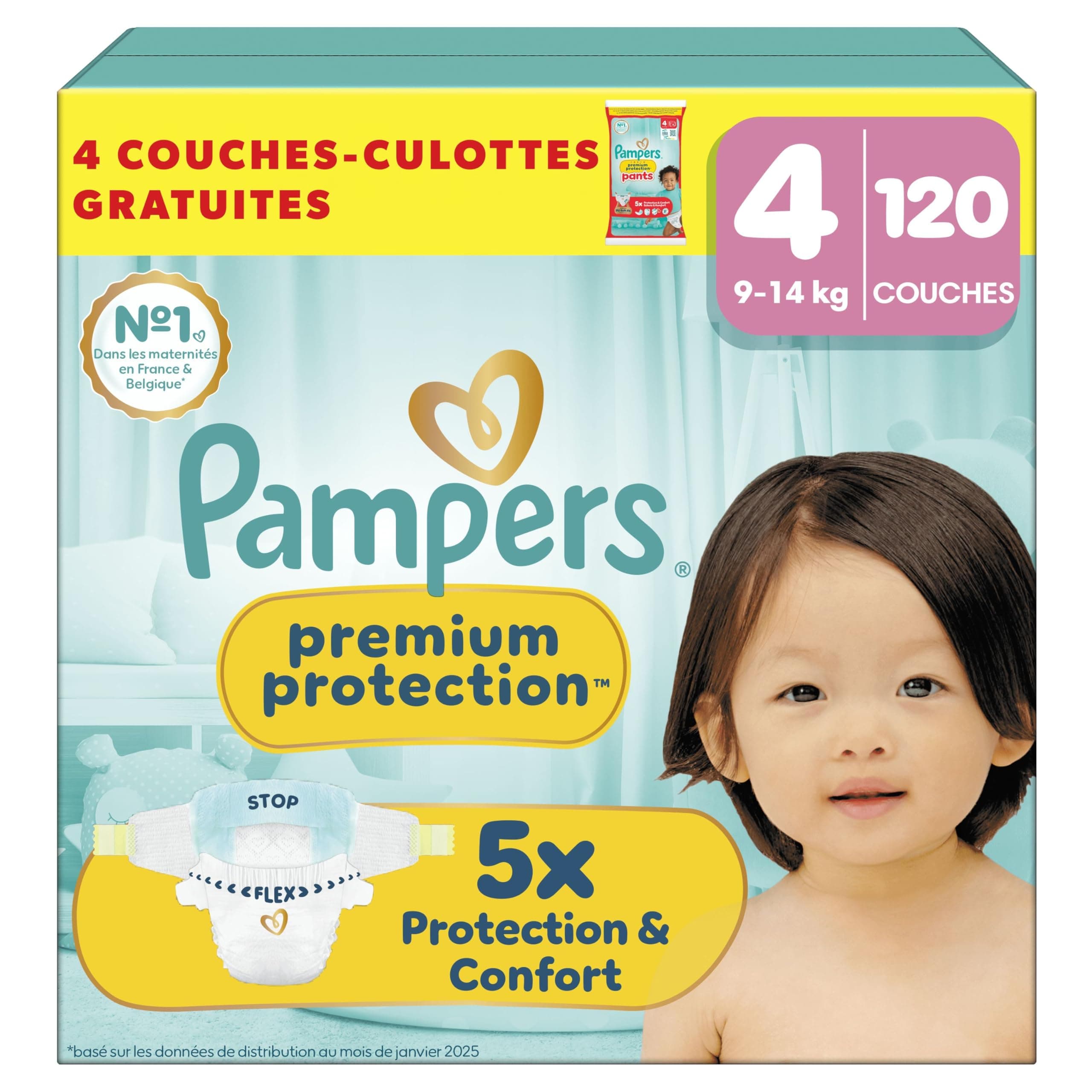 Pampers Premium Protection Taille 4, 120 Couches,9kg-14kg, Notre N°1 Pour La Protection De La Peau Et Contre Les Fuites, Pack 1 Mois Et 4 Couches-Culottes Offertes
