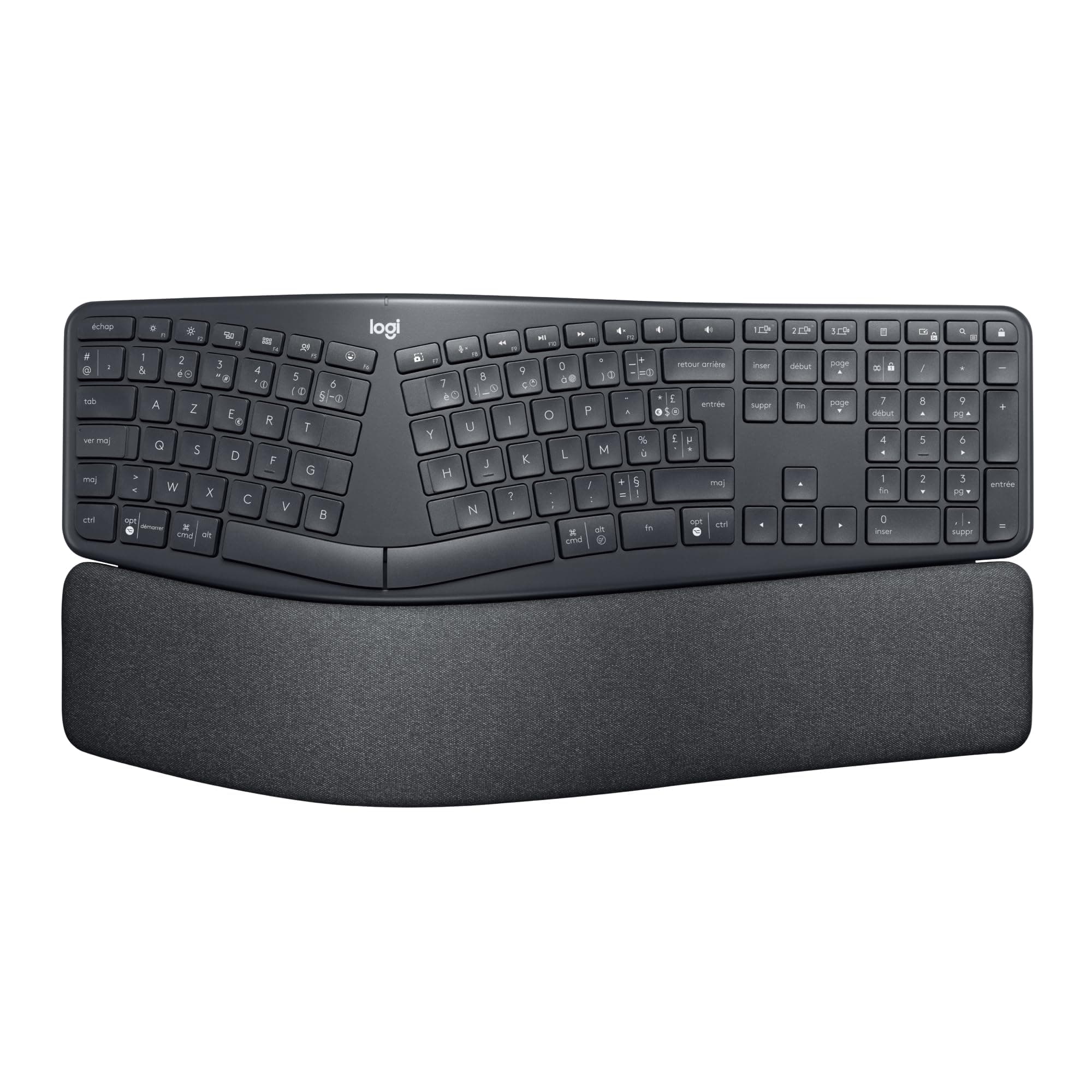 Logitech Ergo K860 Clavier Ergonomique sans Fil - en Deux Parties, Repose Poignet, Frappe Naturelle, Bluetooth et Connectivité USB, Compatible avec PC & Mac, Clavier Français AZERTY - Gris