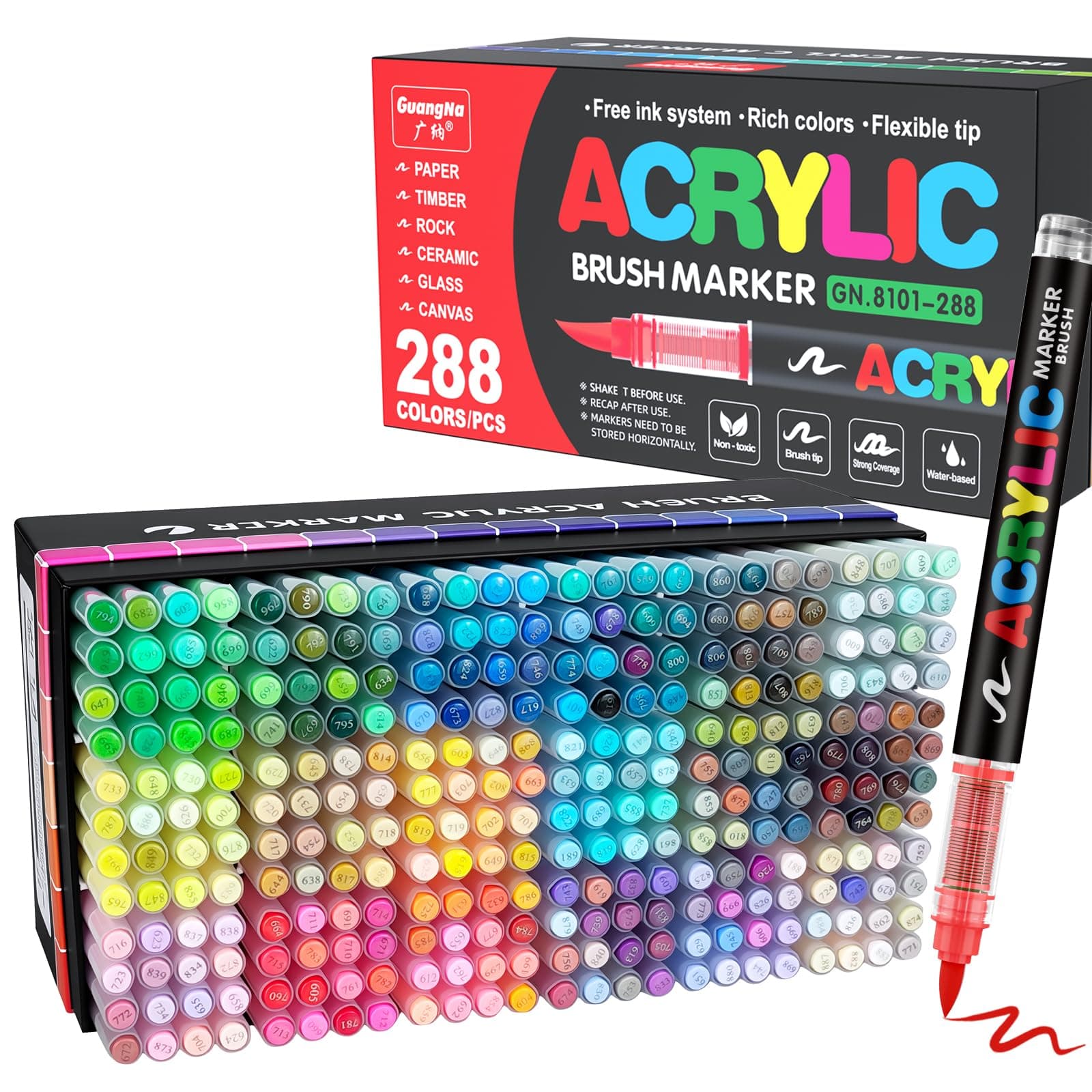 Guangna Couleurs de Marqueur Acryliques, Acrylic Paint Markers pour Papier, Verre, Galet, Métal, Plastique, Bois (288)