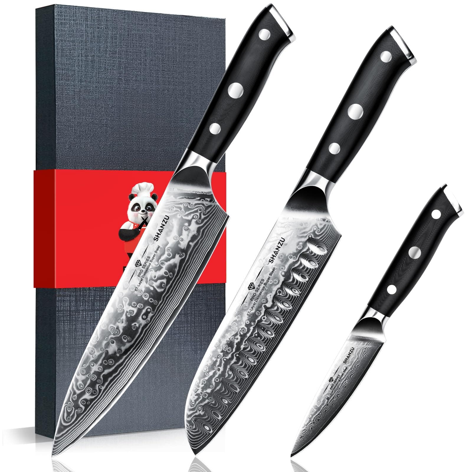 SHAN ZU 3 Piezas Juego de Cuchillo de Cocina Damasco, Set Cuchillo de Cocina Japones de Acero Damasco de 67 Capas, Cuchillo de Chef Cuchillo Santoku Cuchillo Pelador - PRO Series