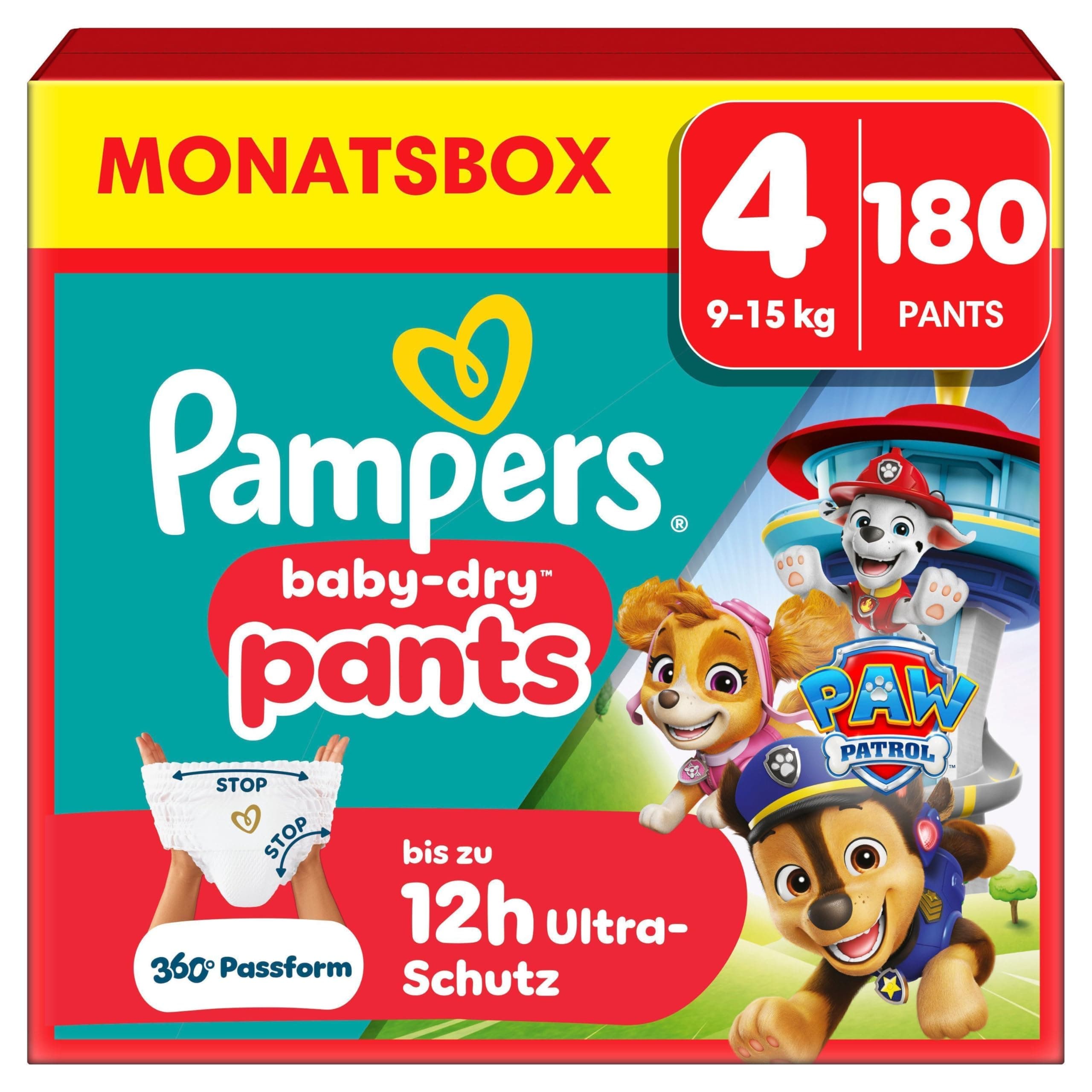 Pampers Baby-Dry Pants Paw Patrol Edition Größe 4, 180 Windeln, 9kg-15kg, 360° Passform hilft, Auslaufen zu verhindern