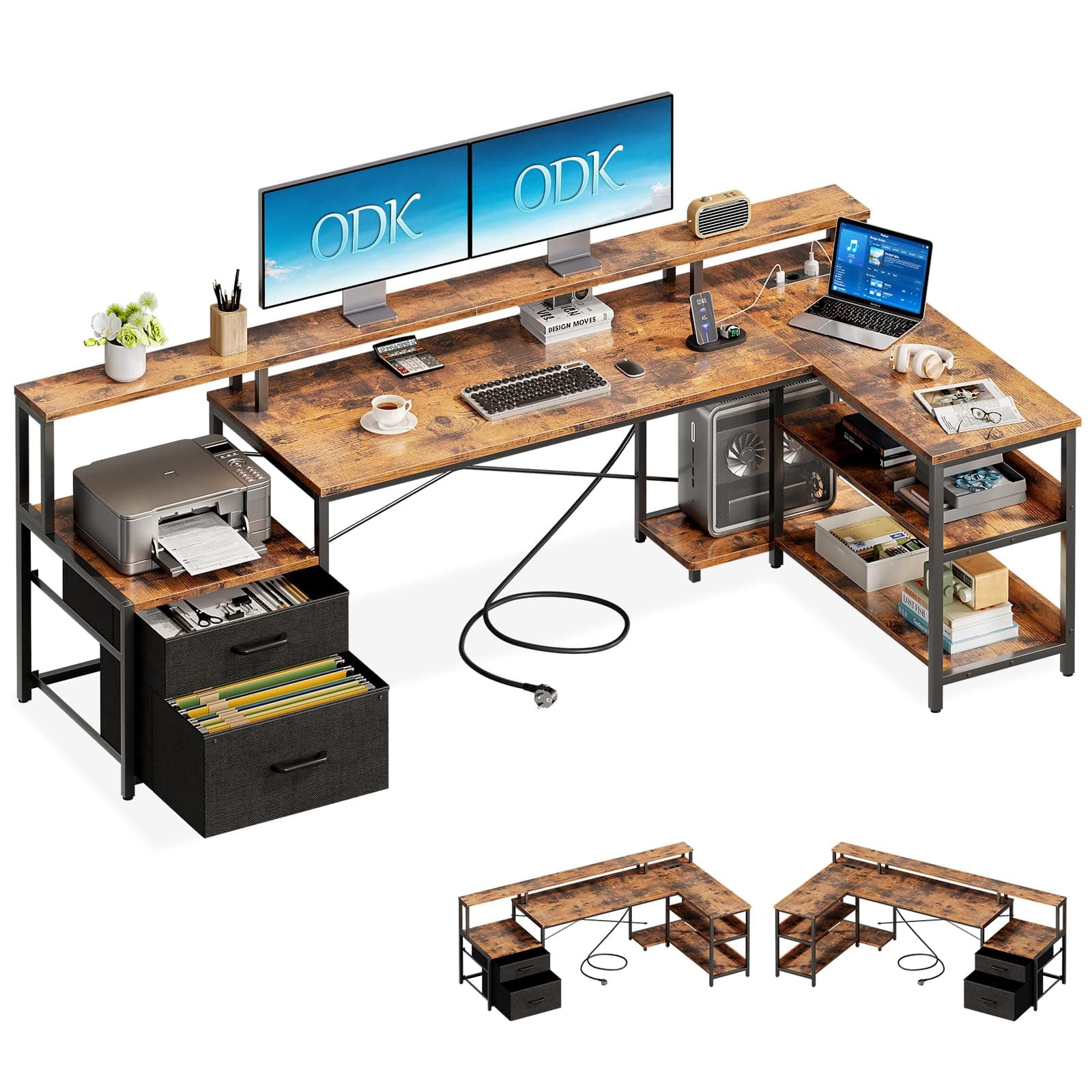 ODK Escritorio con Cajones, 189.3×100cm Escritorio Esquinero Reversible Grande, Mesa Gaming Escritorio en L con Puerto USB y Toma de Corriente para la Oficina en Casa, Madera Vintage