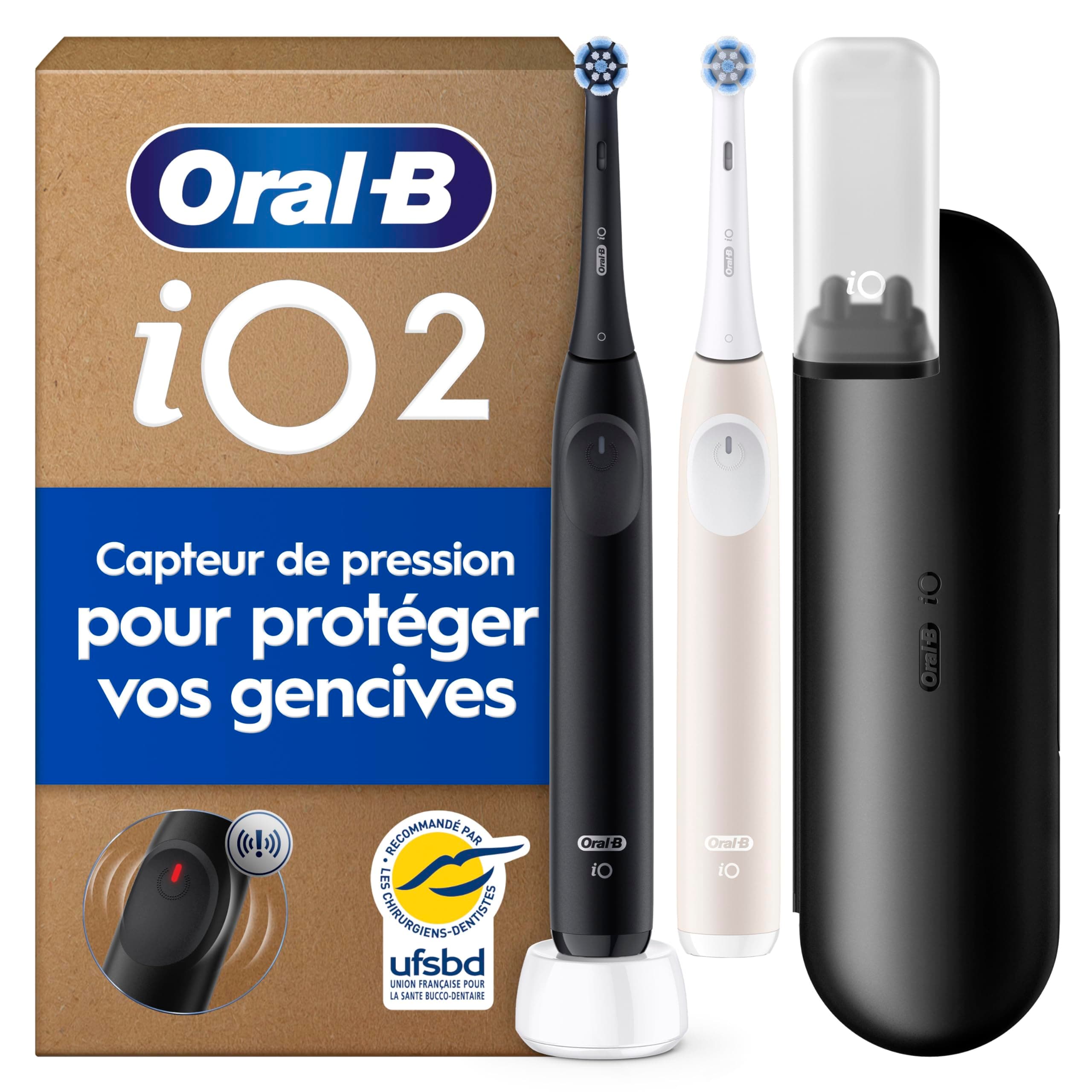Oral-B Brosses à Dents Electriques iO 2 Duo, 2 Brossettes de Rechange, Noire et Rose – 3 Modes de Brossage dont Douceur, Capteur de Pression sur les Gencives, Batterie Rechargeable, avec Etui