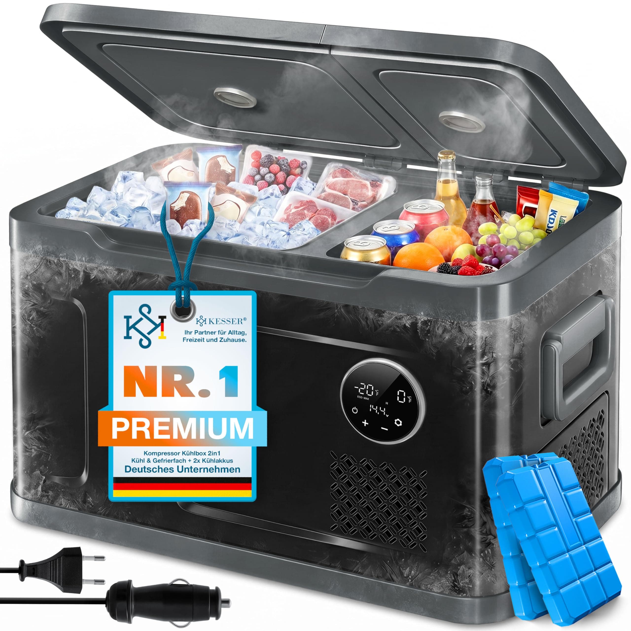 KESSER® Kompressor Kühlbox 2in1 Doppelzone Kühl & Gefrierfach elektrische Gefrierbox mit 2x Kühlakkus & LED-Touch-Bedienung | Kühlschrank Kühlung bis -20 °C für Camping, Auto, Lkw 12/24V 230V