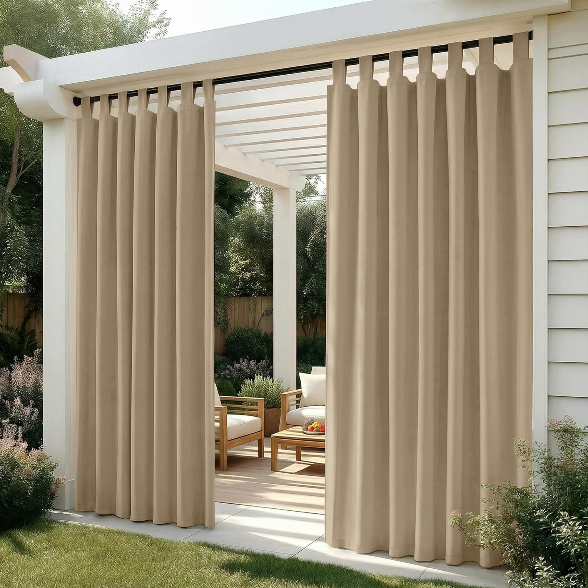 Deconovo Cortinas Exterior para Terraza Jardín o Balcón, Opacas y Repelentes al Agua con Trabillas, Protección Solar y Aislamiento Térmico, Set de 2 Paneles 132x270 cm Caqui