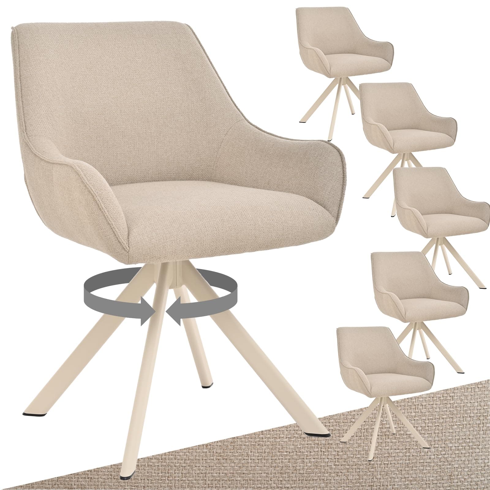 Goeurvant Lot de 6 chaises de salle à manger pivotantes avec accoudoirs, pivotantes à 360°, modernes, en lin, avec structure en métal beige et dossier, pour salle à manger, salon, bureau - Beige