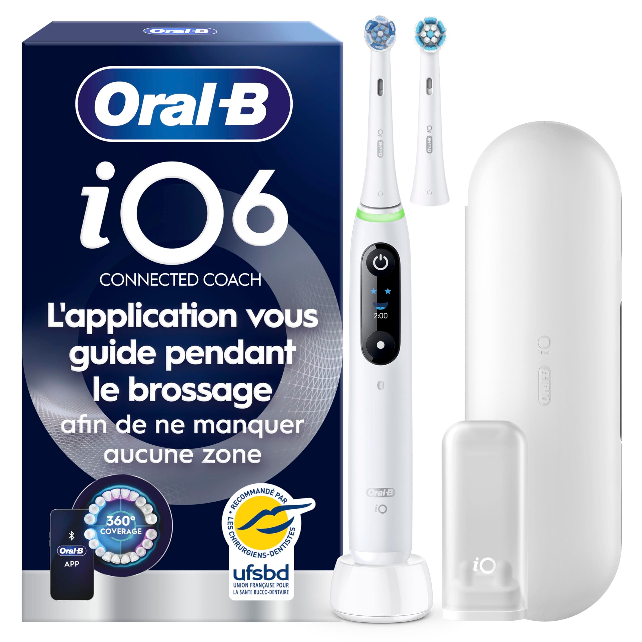 Oral-B Brosse à Dents Electrique iO 6, 2 Brossettes de Rechange, Blanche – 5 Modes de Brossage dont Blancheur et Soin des Gencives, Capteur de Pression, Batterie Rechargeable, Ecran Interactif, Etui