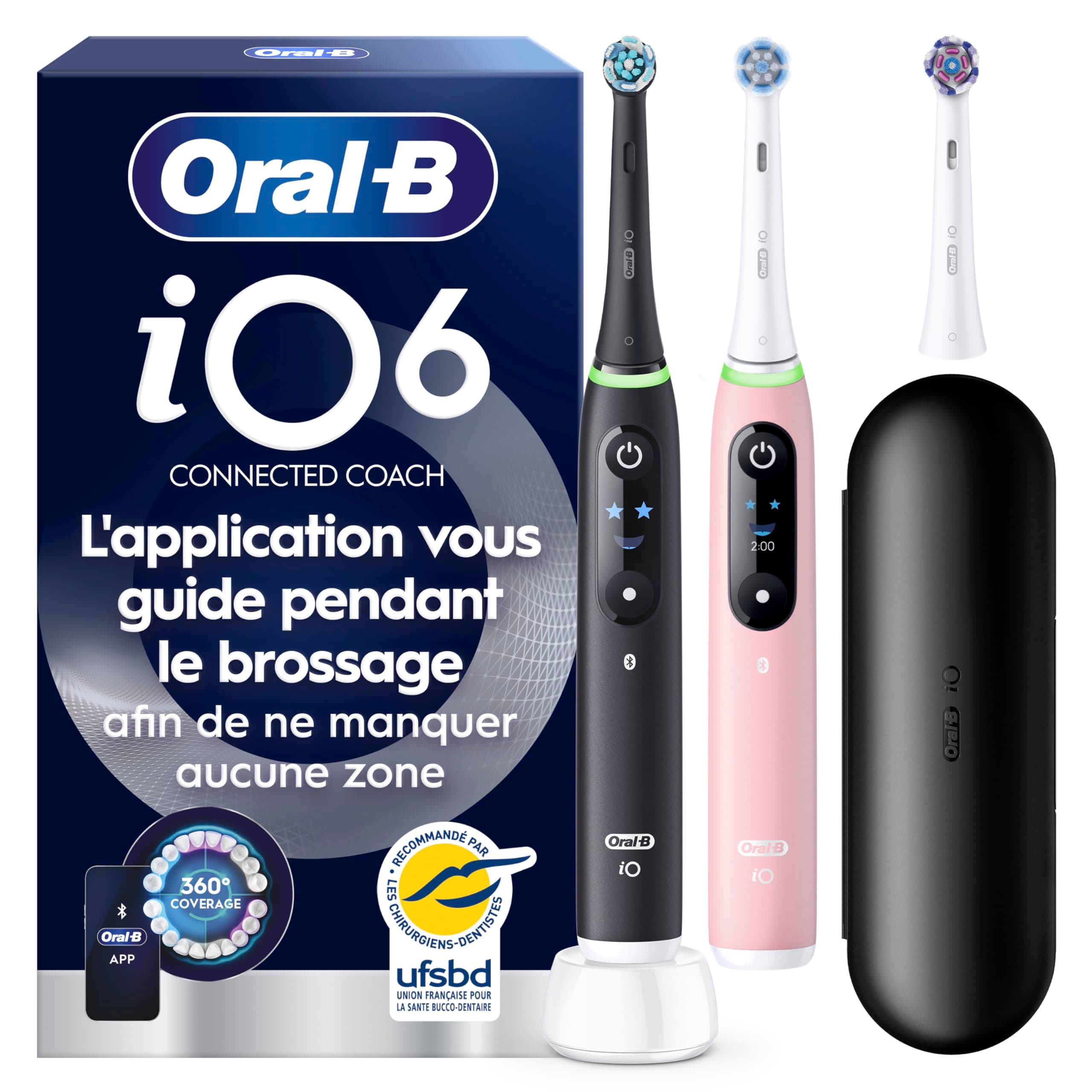 Oral-B Brosses à Dents Electriques iO 6 Duo, 3 Brossettes, Noire et Rose – 5 Modes de Brossage dont Blancheur et Soin des Gencives, Capteur de Pression, Batterie Rechargeable, Etui