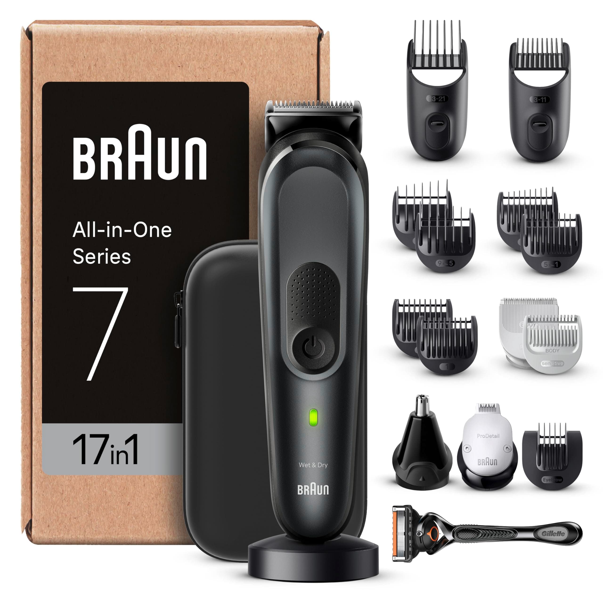 Braun Regolabarba Tagliacapelli Uomo, Rasoio Elettrico Barba e Capelli, 17-in-1 Styling Kit Per Barba, Capelli, Corpo, Naso e Orecchie, 100 Minuti Di Utilizzo, MGK7491 Nero