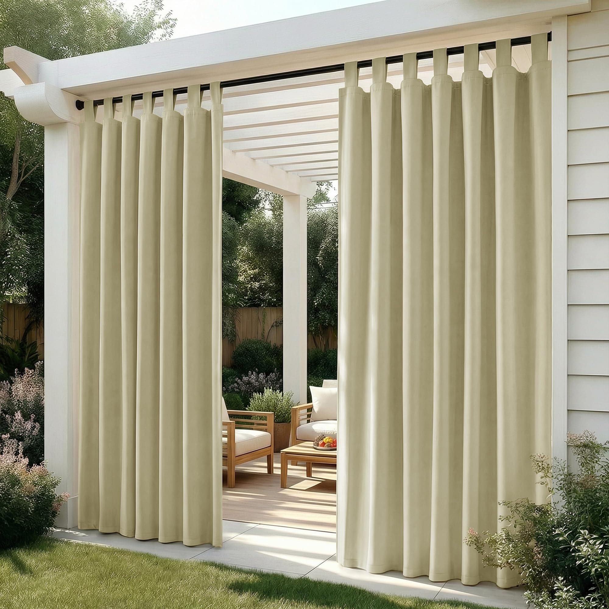 Deconovo Cortinas Exterior para Terraza Jardín o Balcón, Opacas y Repelentes al Agua con Trabillas, Protección Solar y Aislamiento Térmico, Set de 2 Paneles 132x245 cm Beige Oscuro