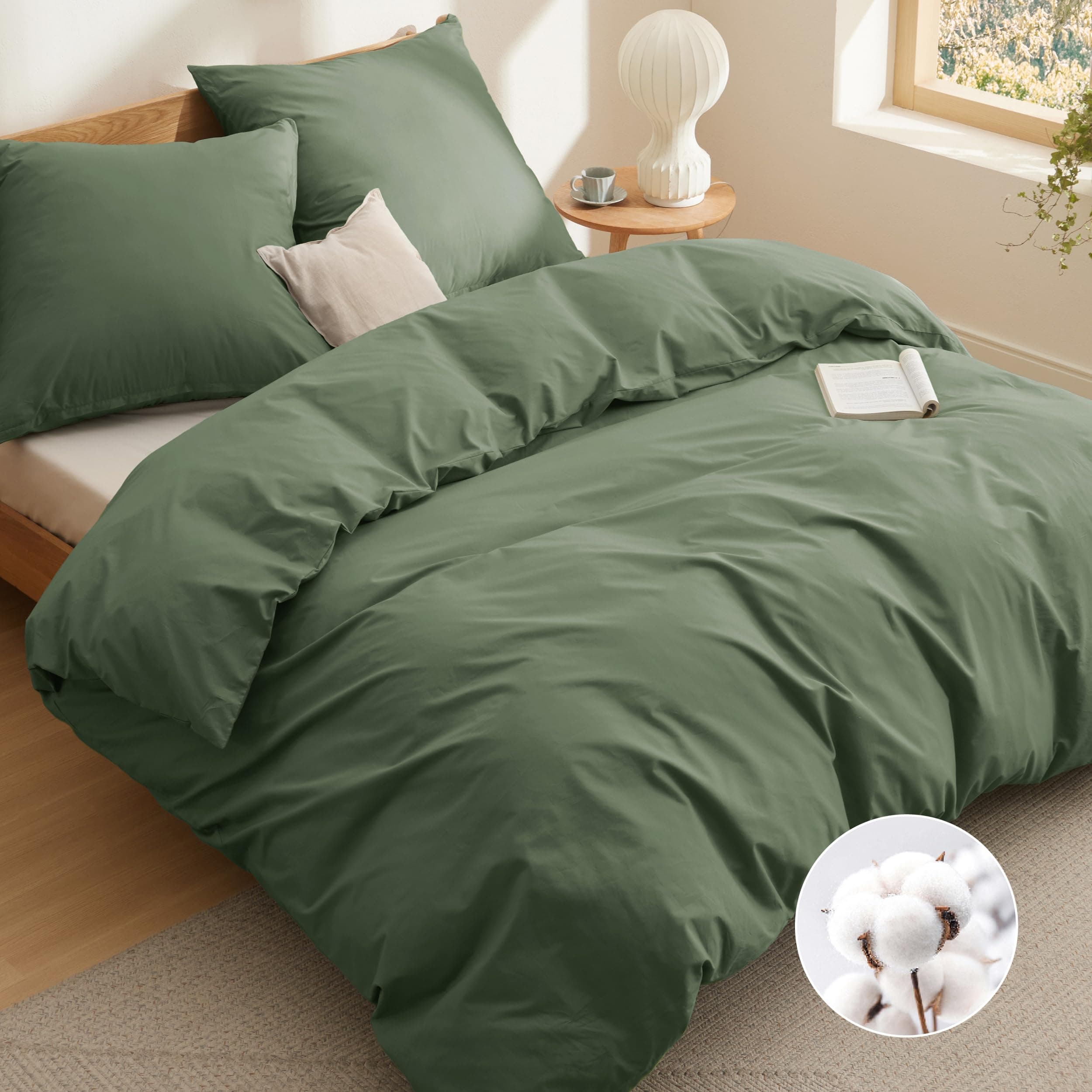 Bedsure Housse de Couette 240x220-100% Coton 2 Taies 65x65 Vert Olive | Parure de lit adulte 240 x 220, avec fermeture éclair, Léger, Doux et Résistant, Montage Facile, Certifiée Oeko-Tex
