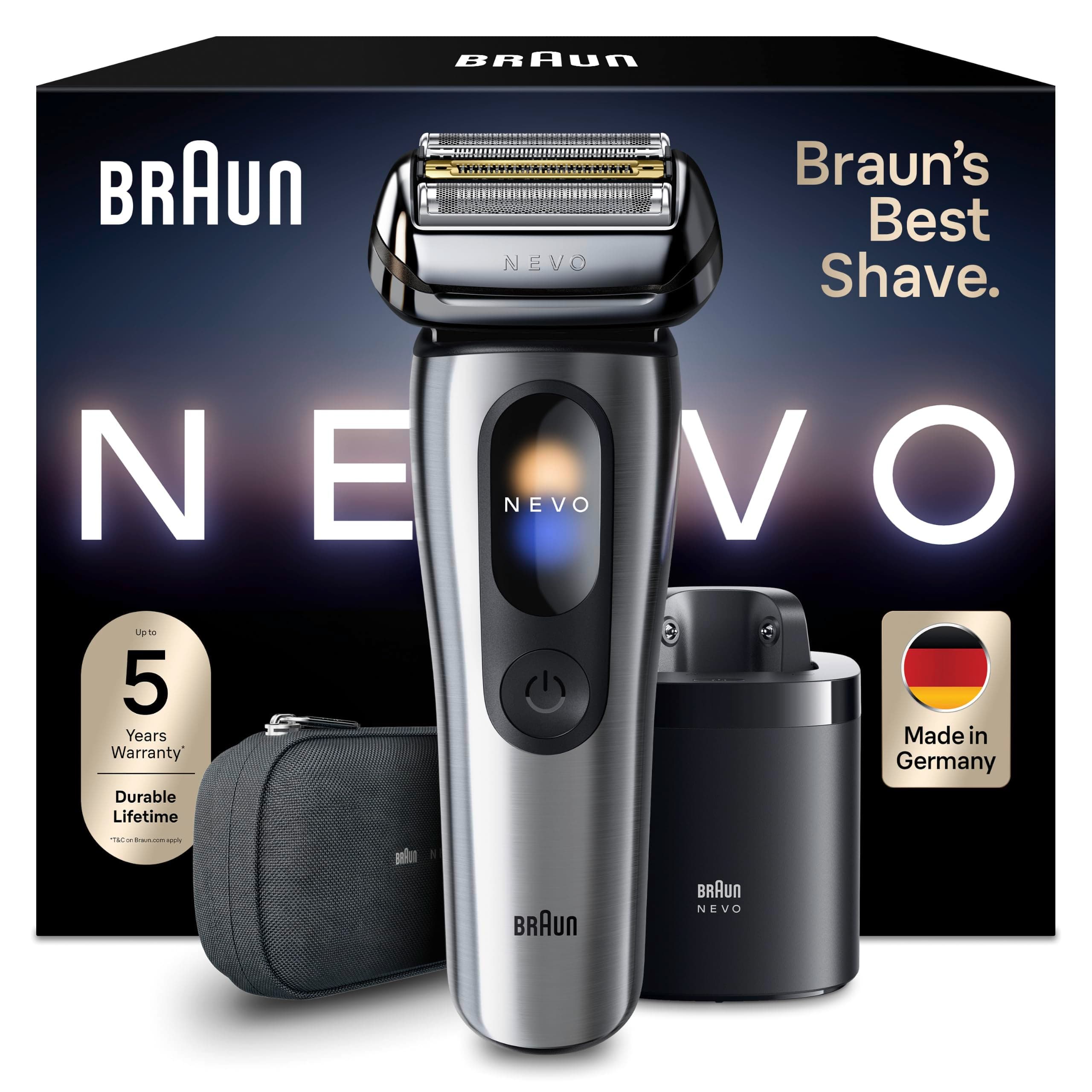 Braun NEVO Rasoio Elettrico Barba, Custodia Da Viaggio, NEVO11005C, Argento | Regolabarba Uomo Impermeabile, Rasatura Senza Compromessi, Tecnologia Aerotouch, Sistema di Cura 7in1, Custodia,Ricaricabile