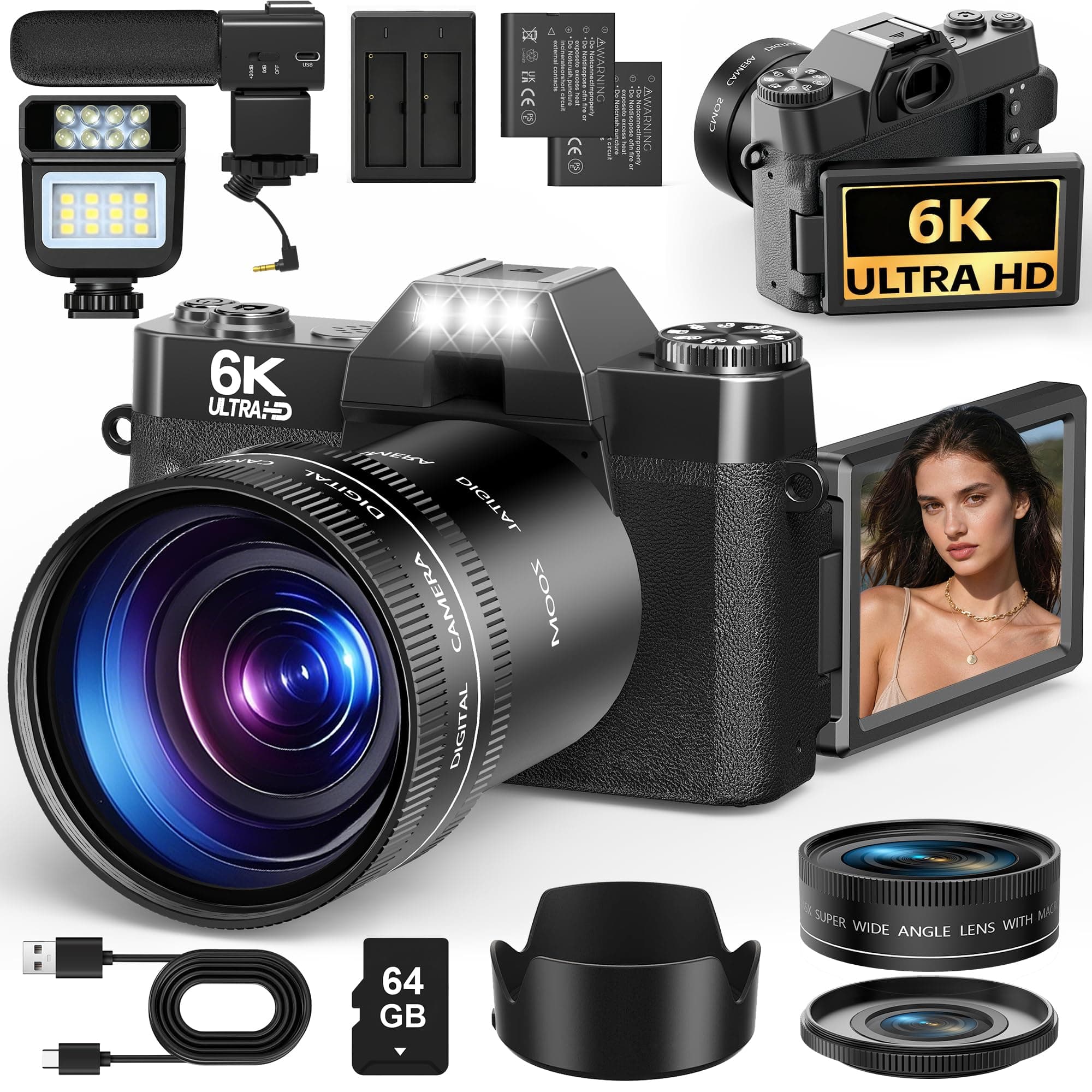 Appareil Photo Numérique 6K 64MP avec WiFi, Zoom Numérique 16X, Carte 64Go | Grand Angle/Macro Écran 3" 180°, Autofocus, Micro Externe, 2 Batteries, Vlog pour Adolescents et Adultes, Noir