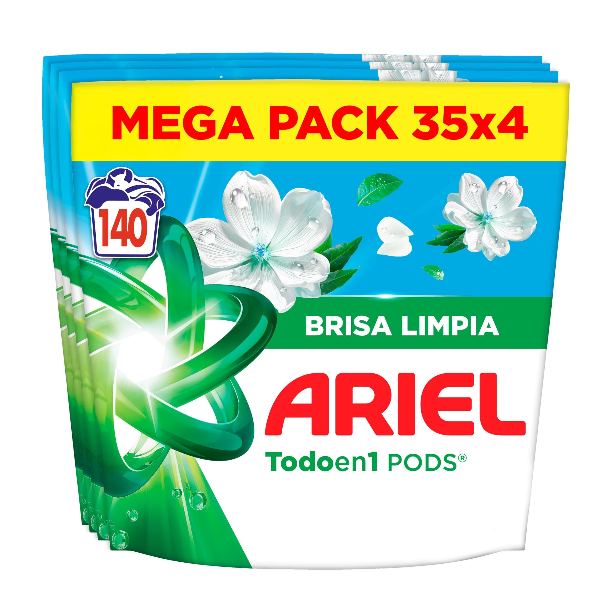 Ariel PODS Todo En 1, Detergente Líquido En Cápsulas 35 Lavados, Brisa Limpia (Paquete de 4)