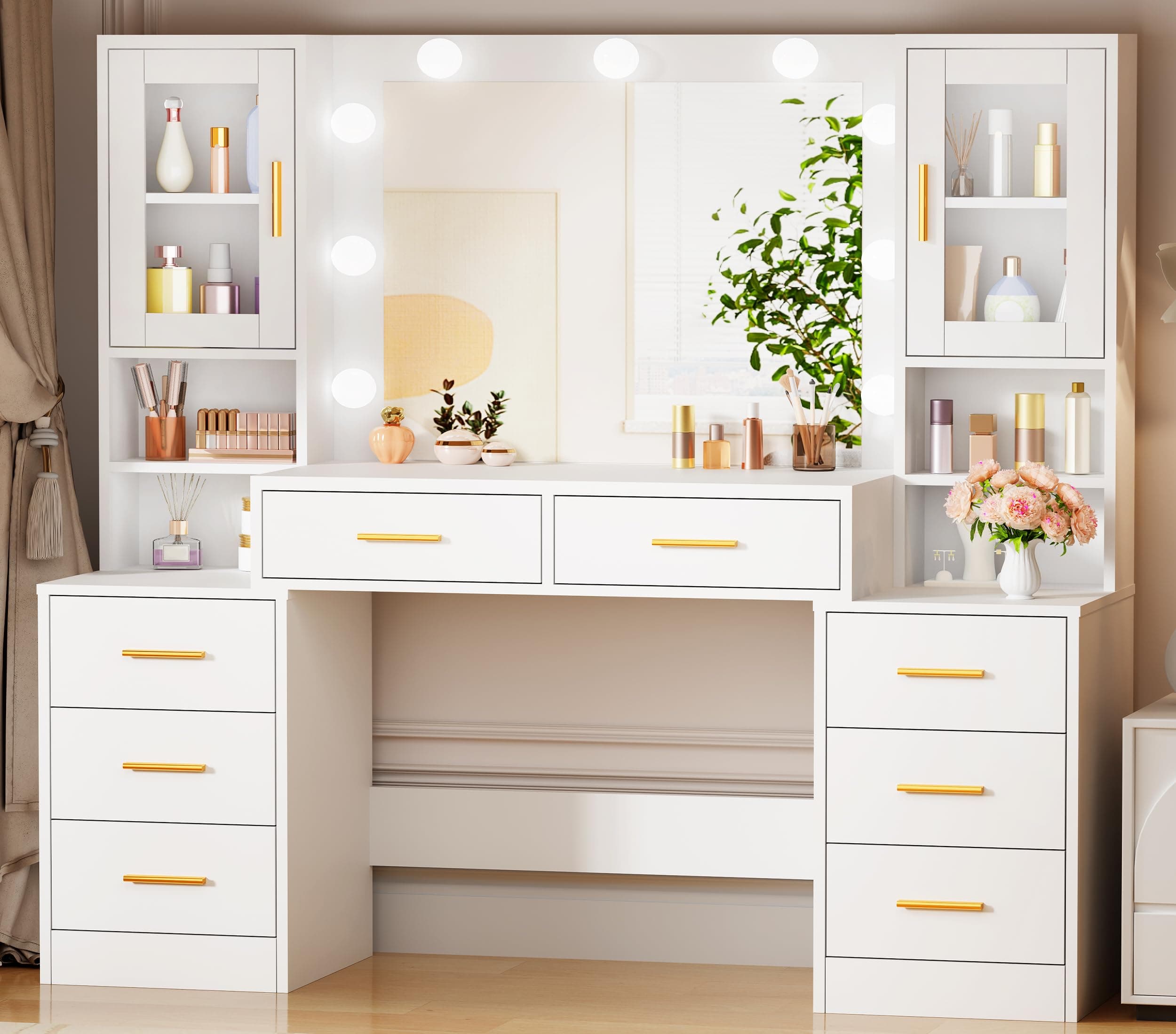 BEWISHOME Grande Toeletta Trucco con Luci LED, luminosità Regolabile, Toletta da Trucco con Specchio, Postazione Trucco con 8 Cassetti, Toeletta con Ripiani Aperti Moderno Bianco EFST37W