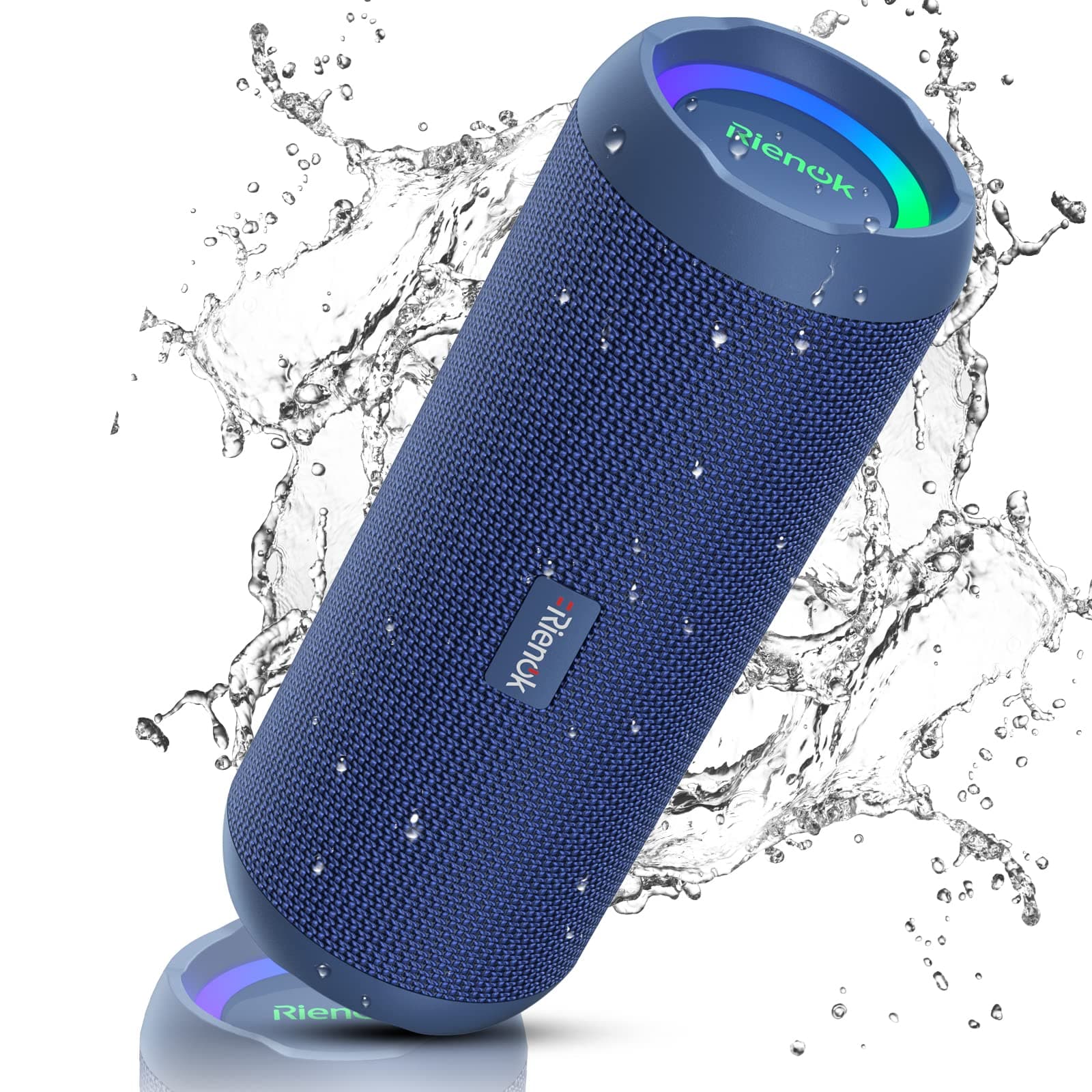 RIENOK Altavoz Bluetooth 30W Portátil Potente Impermeable IPX7 Azul | Sonido Estéreo, 30H de Reproducción, Bass, Luz RGB, Bluetooth 5.3, Apoya Tarjeta TF AUX