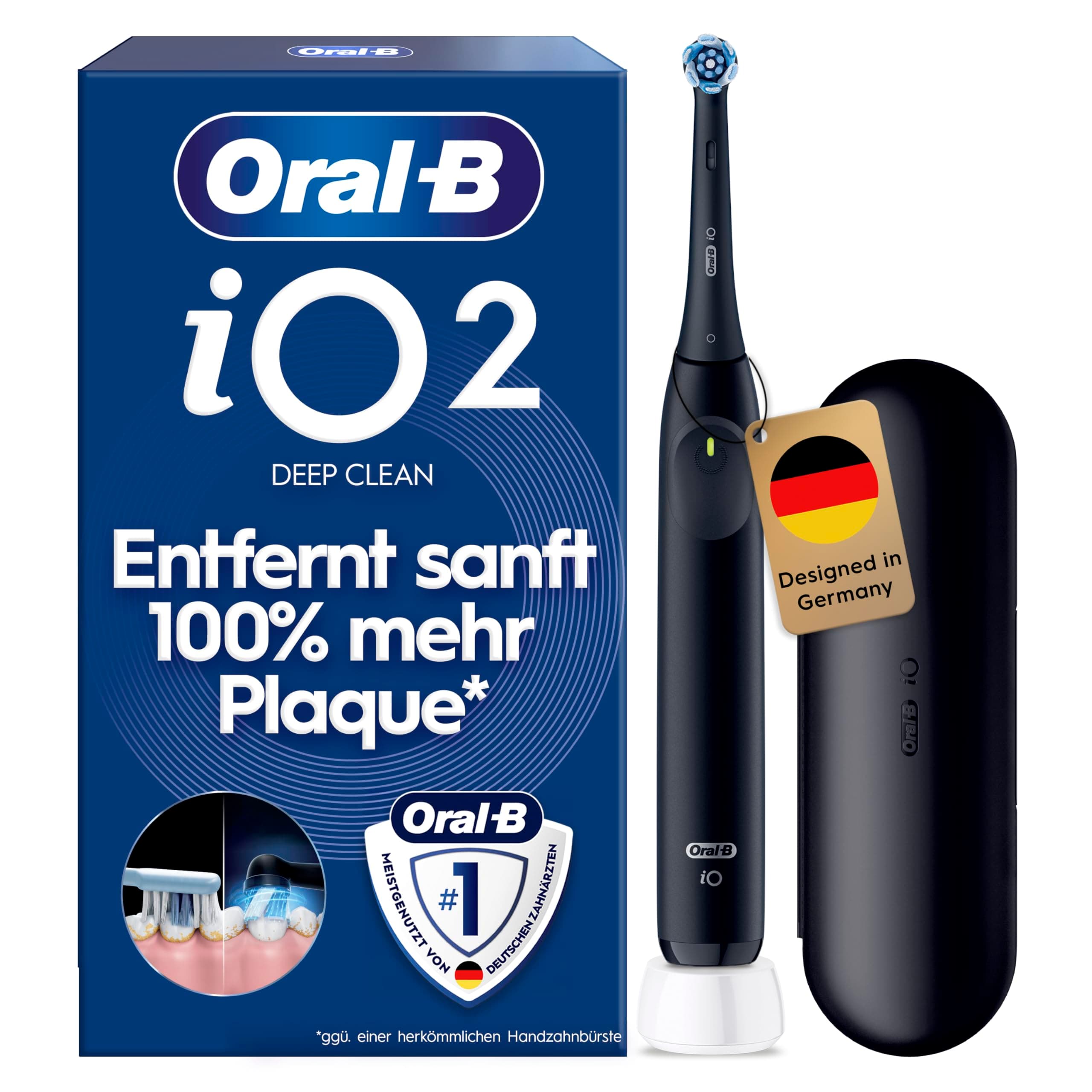 Oral-B iO Series 2 Elektrische Zahnbürste/Electric Toothbrush, 1 Aufsteckbürste, 3 Putzmodi für Zahnpflege, Magnet-Technologie, Reise-Etui, Designed by Braun, Night Black