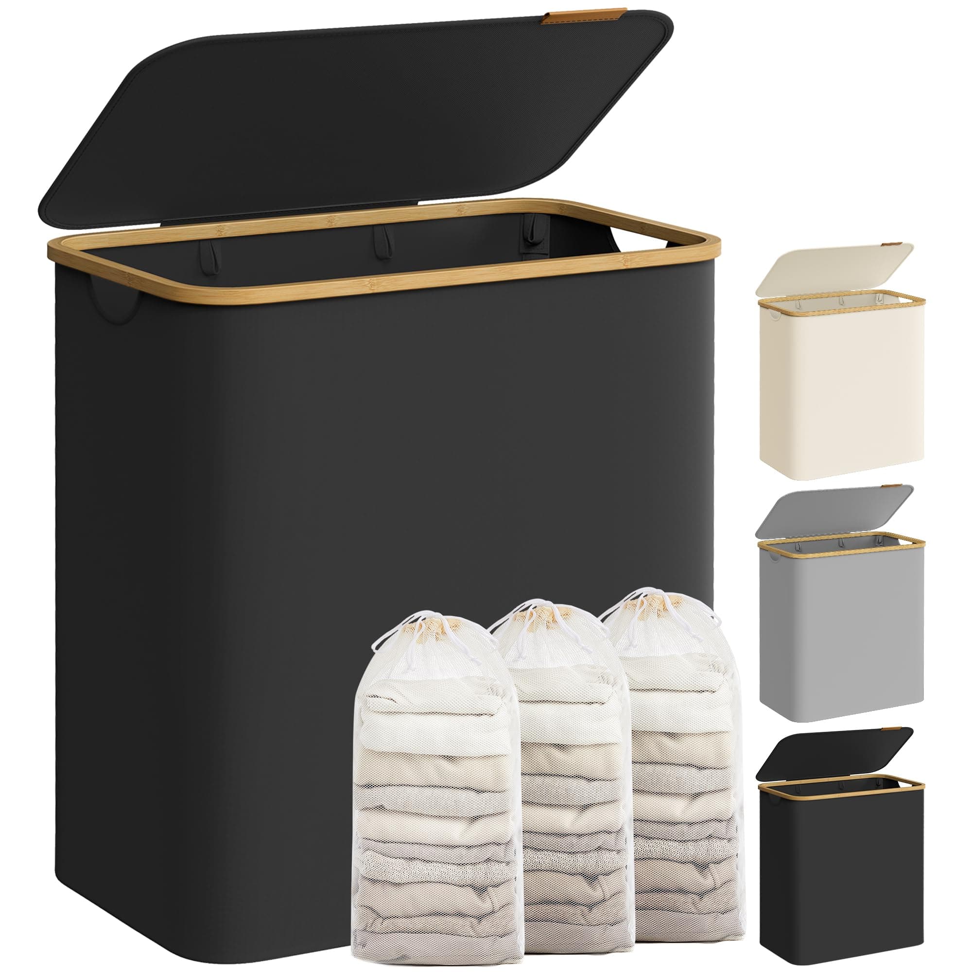 SONGMICS Panier à Linge avec Couvercle, 150 L, Tissu Oxford, Pliable | Sac à Linge Amovible, 60 x 38,5 x 70,5 cm, Gain de Place, Poignées en Bambou, Collection ROXANNE LCB515B01