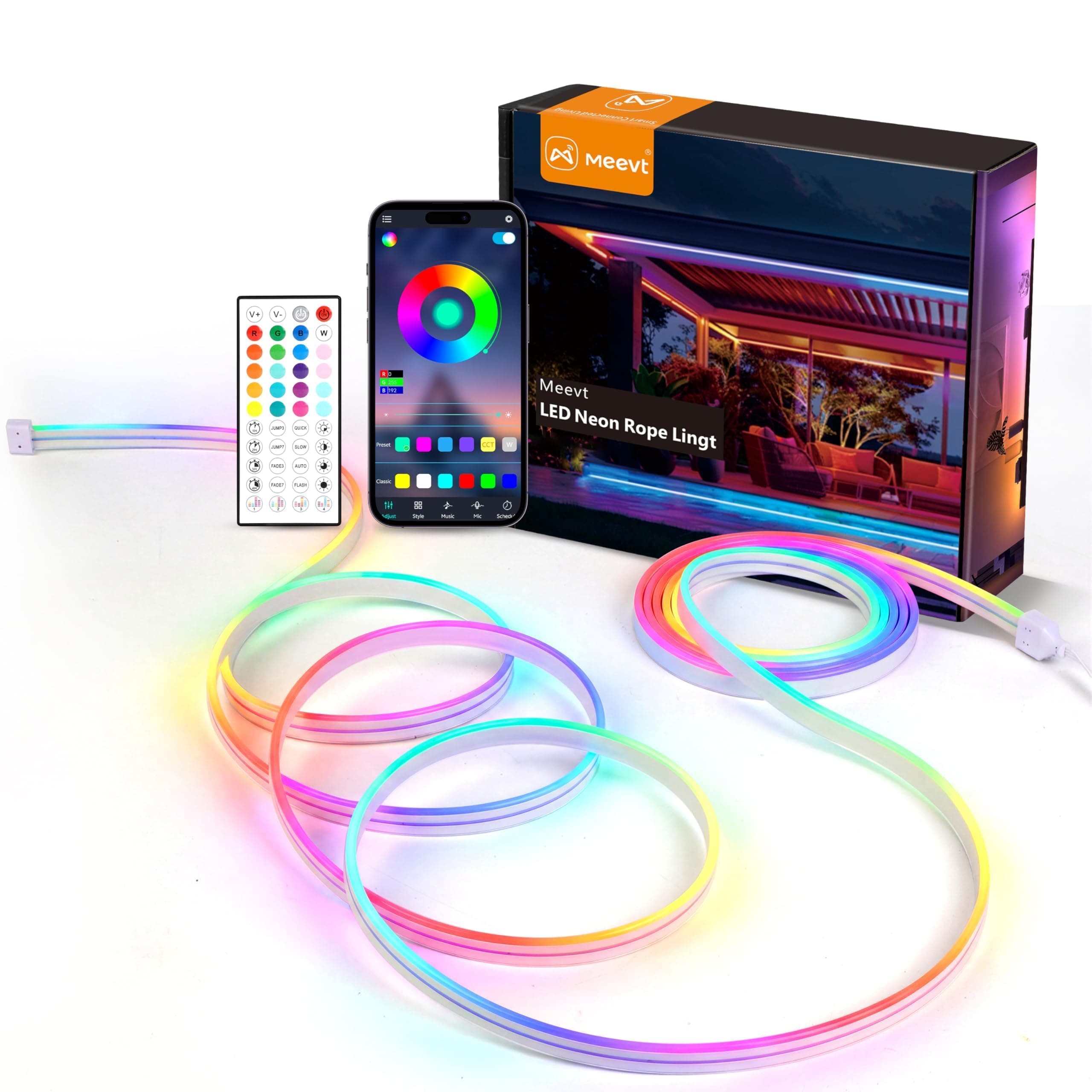 MMEEVT Meevt Tiras LED Exterior 20M, Luces Neón RGB 24V para Patio y Jardín | 72 LEDs/m, Tira Neon 20m, Ip65, Silicona Flexible, Control App Y Mando, Sincronizacion Musical, para Jardin, Patio, Fiesta