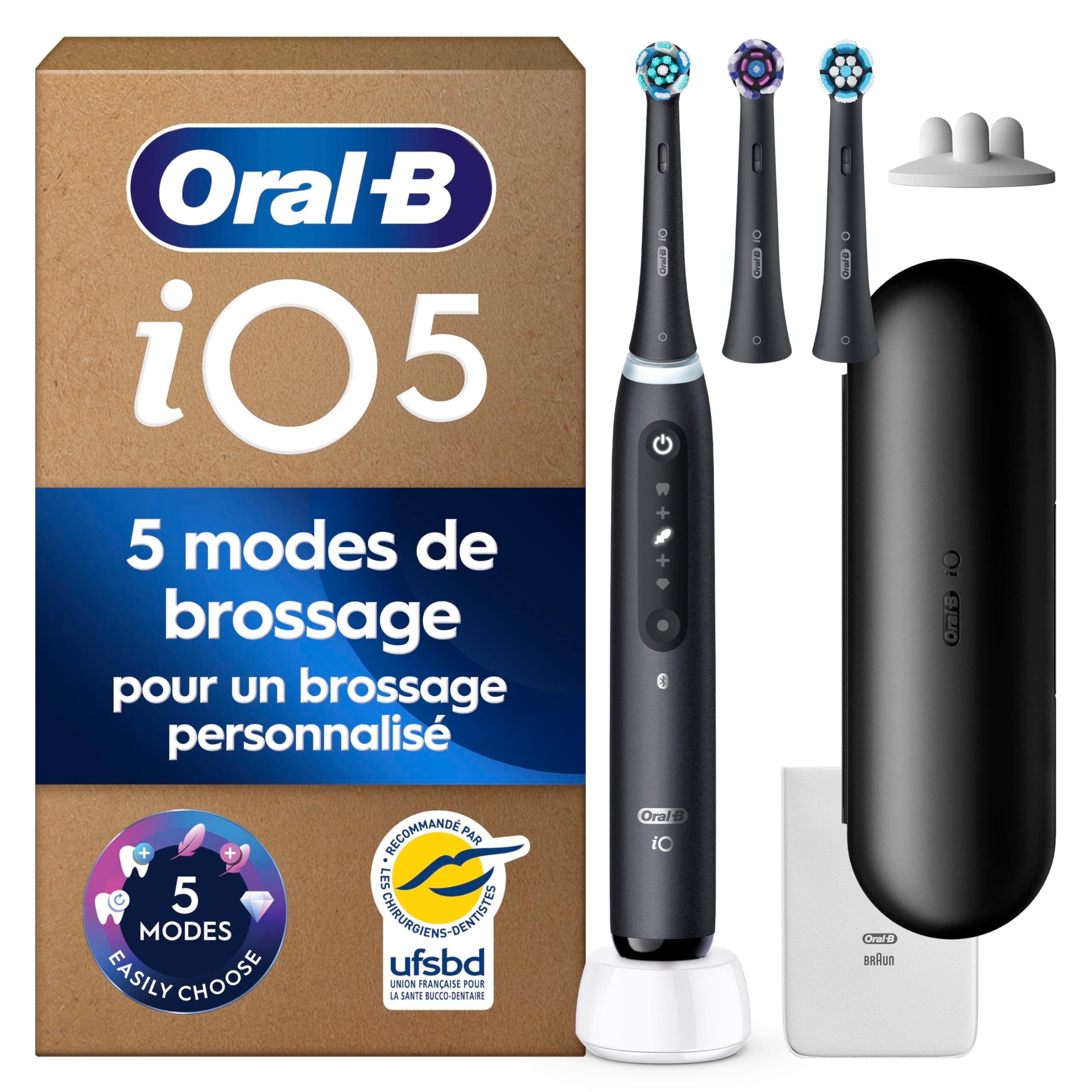 Oral-B Brosse à Dents Electrique iO 5 avec 3 Brossettes de Rechange, Noire – 5 Modes de Brossage dont Douceur et Blancheur, Capteur de Pression sur les Gencives et d’Usure, Batterie Rechargeable