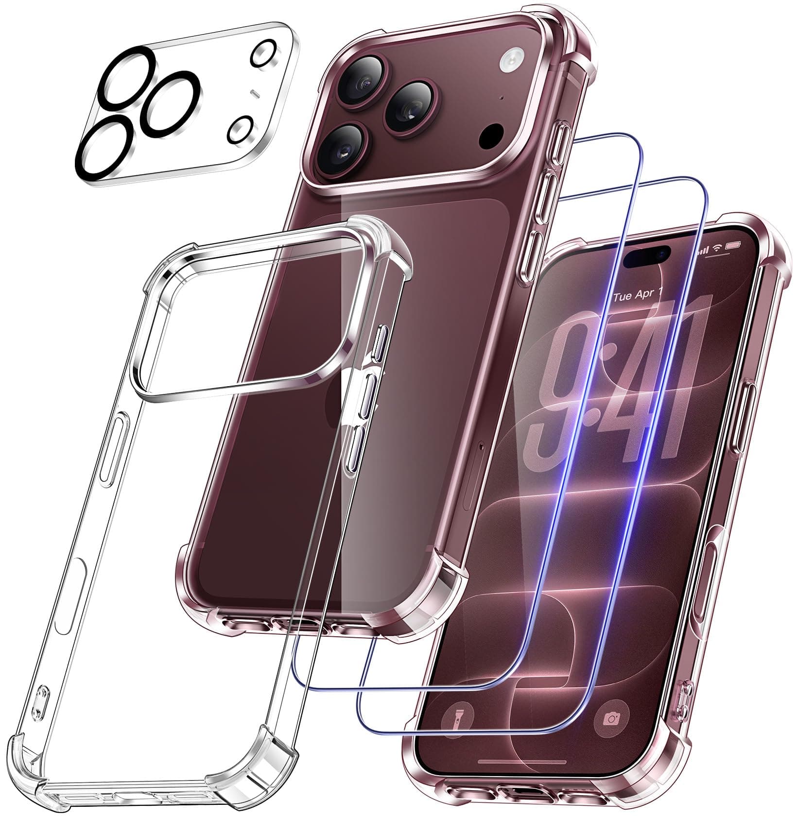 FLLAO 4 en 1 Coque pour iPhone 18 Pro 6.3", Transparent | 2 Verre Trempé et 1 Caméra Protecteur, Protection efficace contre les chutes, Coque de protection en TPU souple
