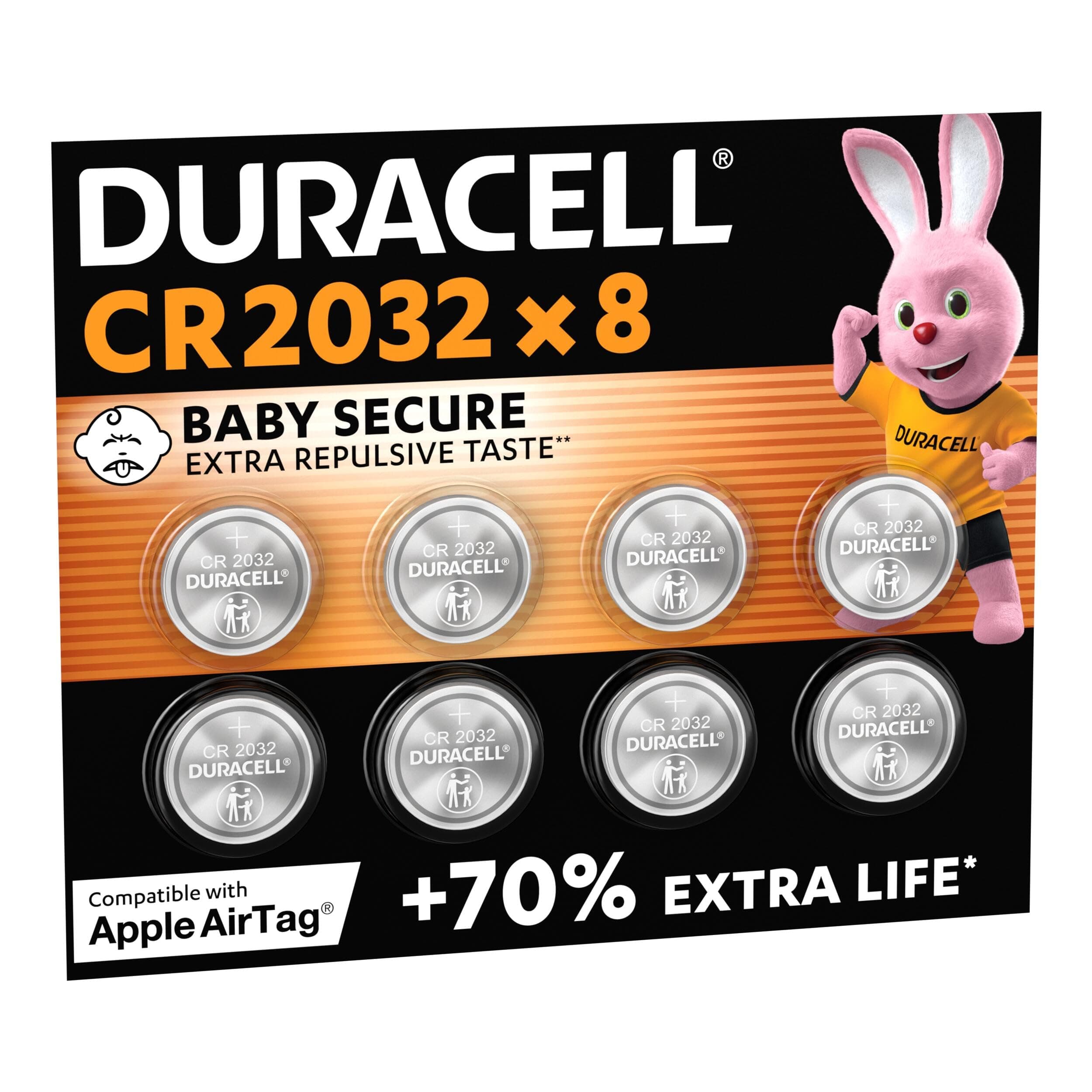 DURACELL 2032 Piles Boutons au Lithium (Lot de 8) 3V, CR2032 | Jusqu'à +70% De Longévité - Technologie Sécurité Enfant - Pour AirTag Apple, Clés, Appareils Maison et Accessoires Médicaux