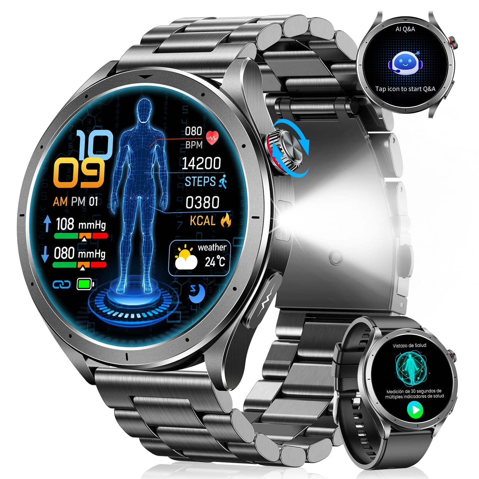 Reloj Inteligente Hombre con ECG/VFC, AI-GPT, Micro Chequeo, IMC, Negro | 24H Sueño/Frecuencia Cardíaca/SpO2, Presión Arterial, 120+ Modos Deportivos, 5ATM, Linterna LED, MET, SOS, Android iOS