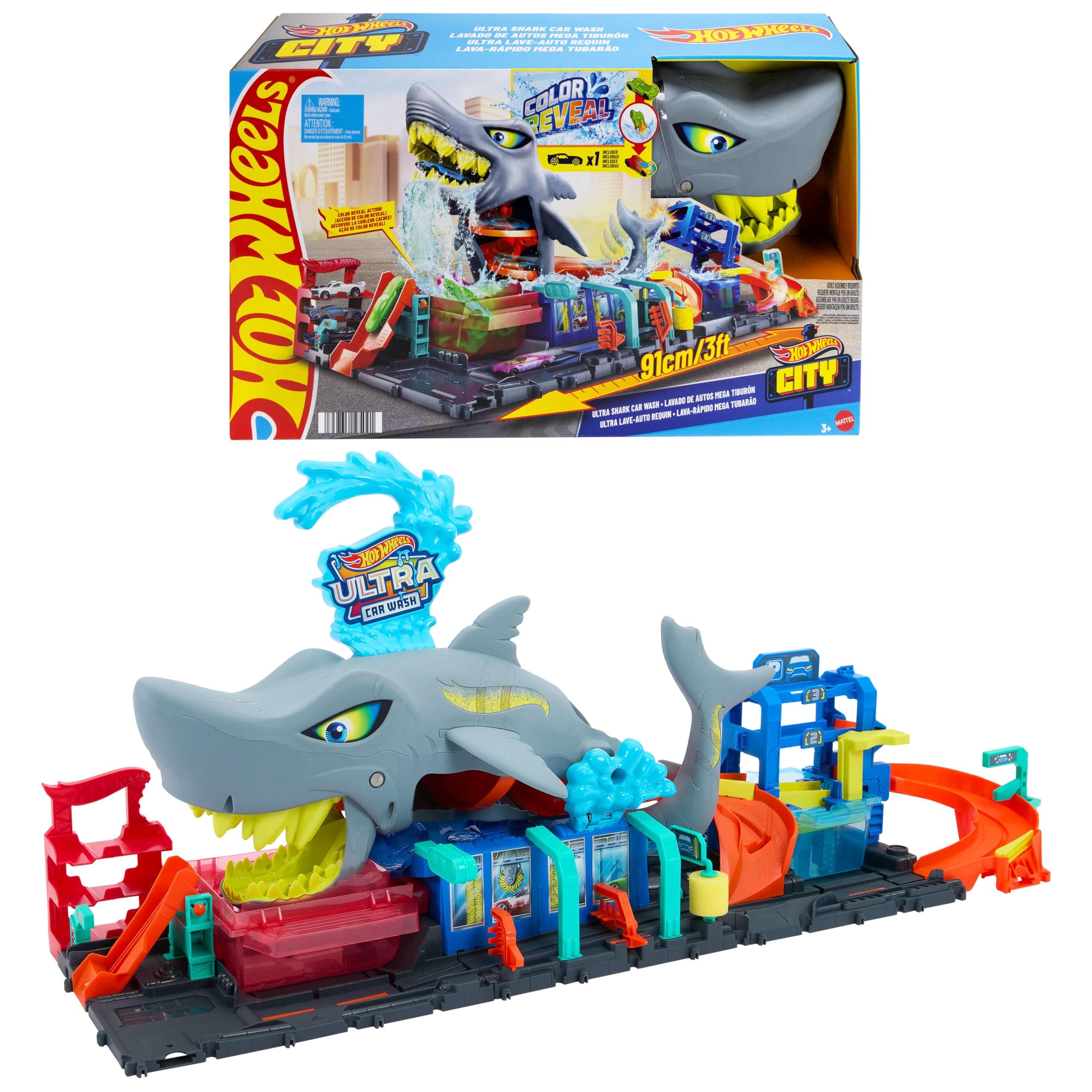 Hot Wheels 'Let's Race' Netflix - Mega Squalo Autolavaggio, pista con rullo di schiuma e cancelli mobili, funzione cambia colore e macchinina Color Reveal inclusa, 3+ anni, HTN82