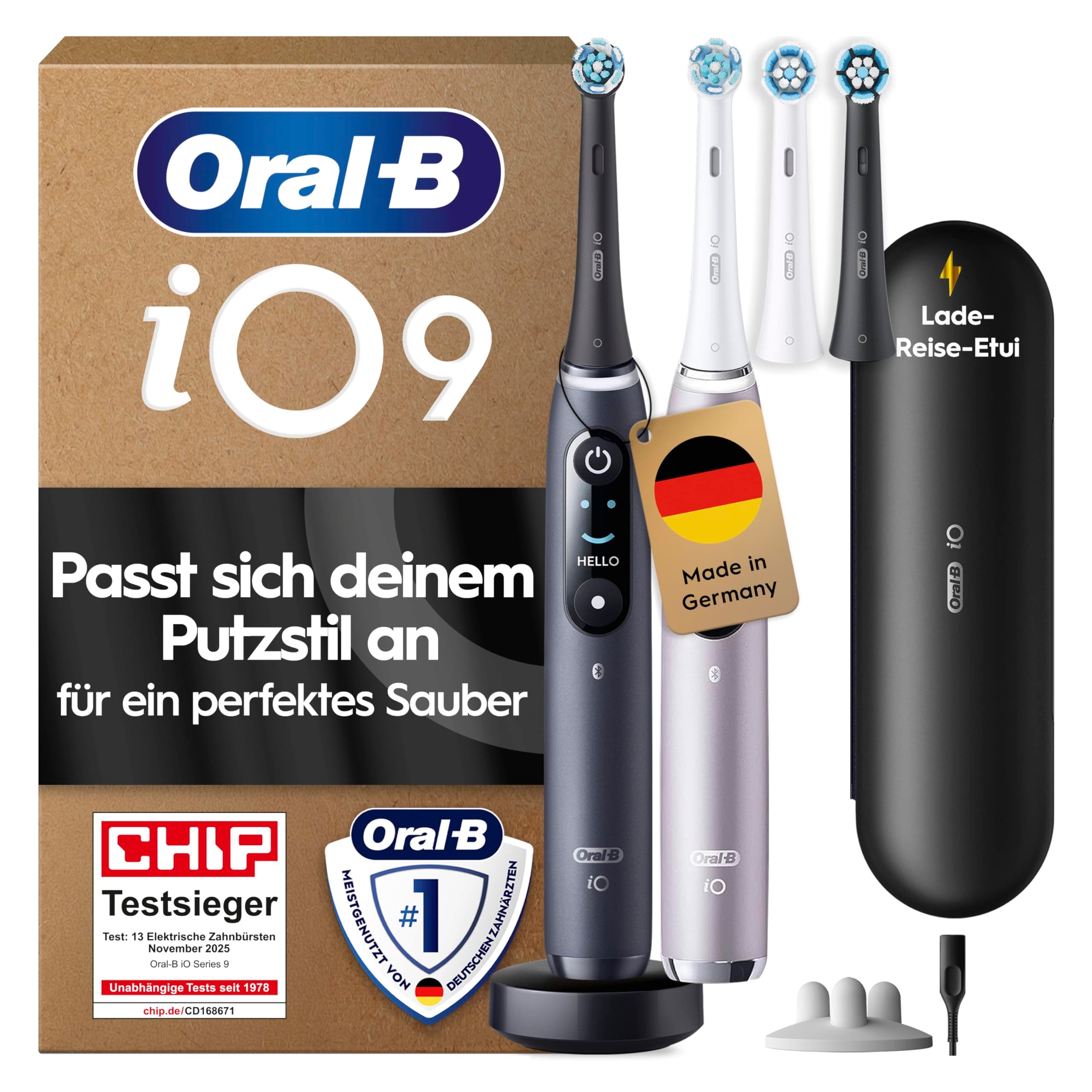 Oral-B iO Series 9 Elektrische Zahnbürste, Doppelpack, Schwarz/Rosa | Inkl. 4 Aufsteckbürsten, Lade-Reise-Etui, CHIP Testsieger (11/25), Electric Toothbrush mit 7 Modi für Zahnpflege