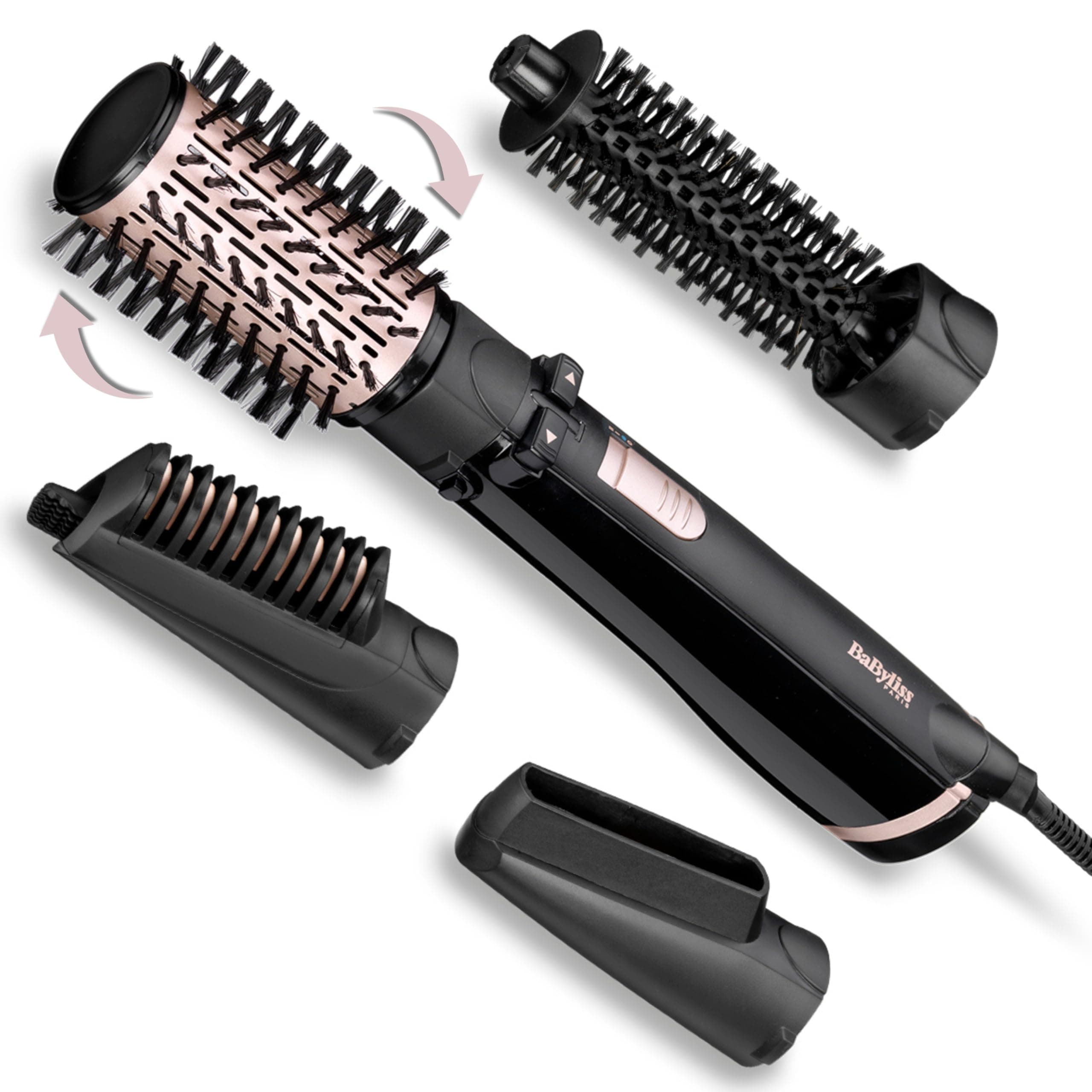 BaByliss Brosse soufflante rotative Dry, Straighten and Style - Pour sécher, lisser et mettre en forme, Fonction ionique, Avec 4 accessoires interchangeables, Noir, AS200E