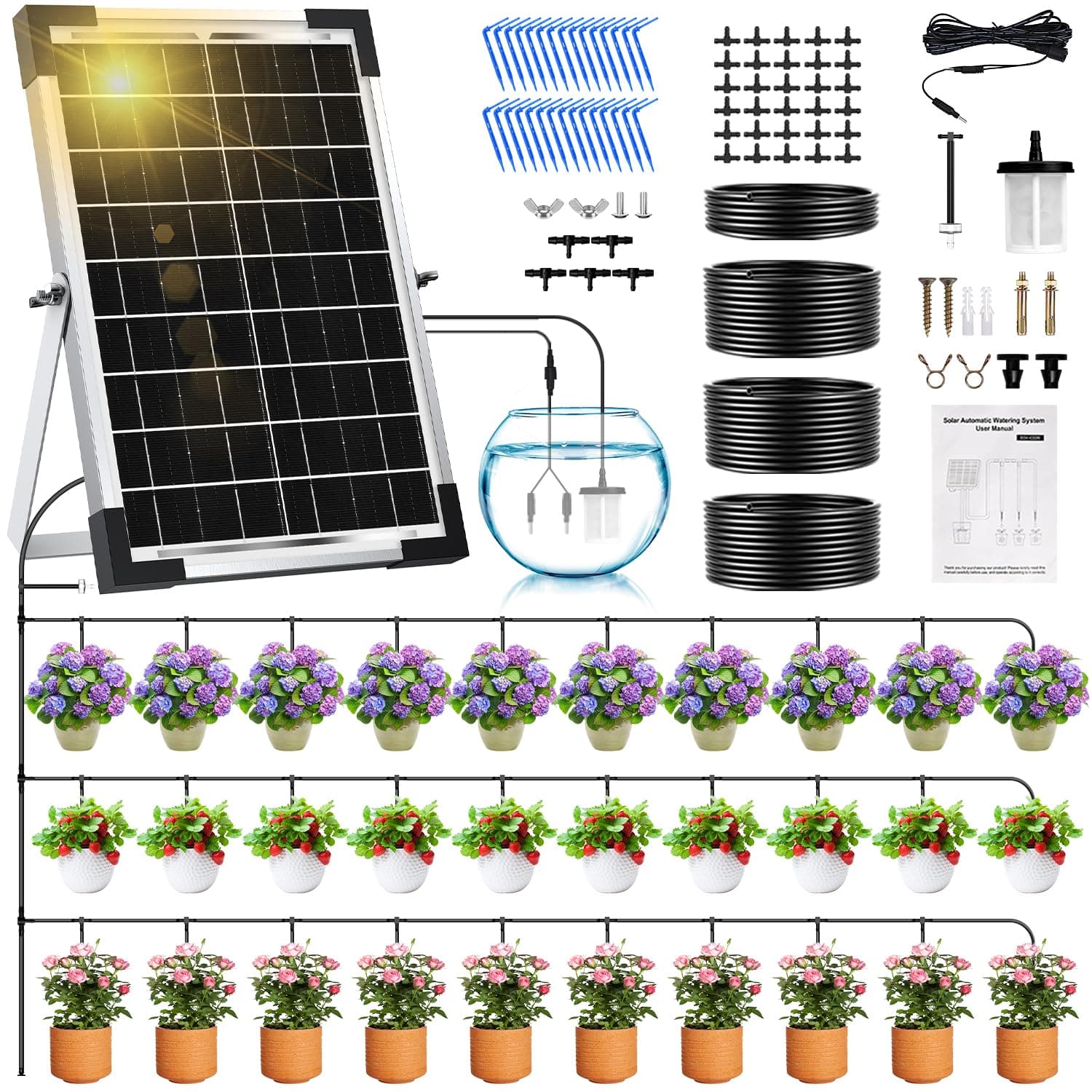 Onherm Arrosage Automatique Solaire pour 30 Plantes, 35M Tuyau et 300 Modes D’Irrigatio, Arrosage Goutte a Goutte Solaire Kit pour Jardin, Balcon et Plantes en Extérieur