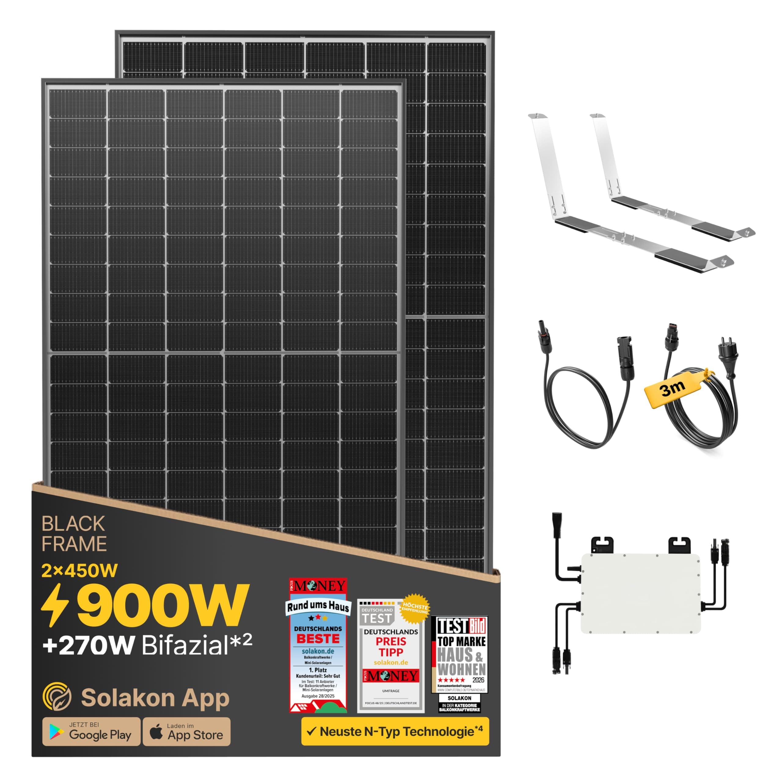 Solakon 900W Balkonkraftwerk mit Halterung (Flachdach) - Balkonkraftwerk 800W komplett Steckdose - 800 Watt Wechselrichter - Solaranlage Komplettset - 450W bifaziale Solarmodule inkl Zubehör 3m Kabel