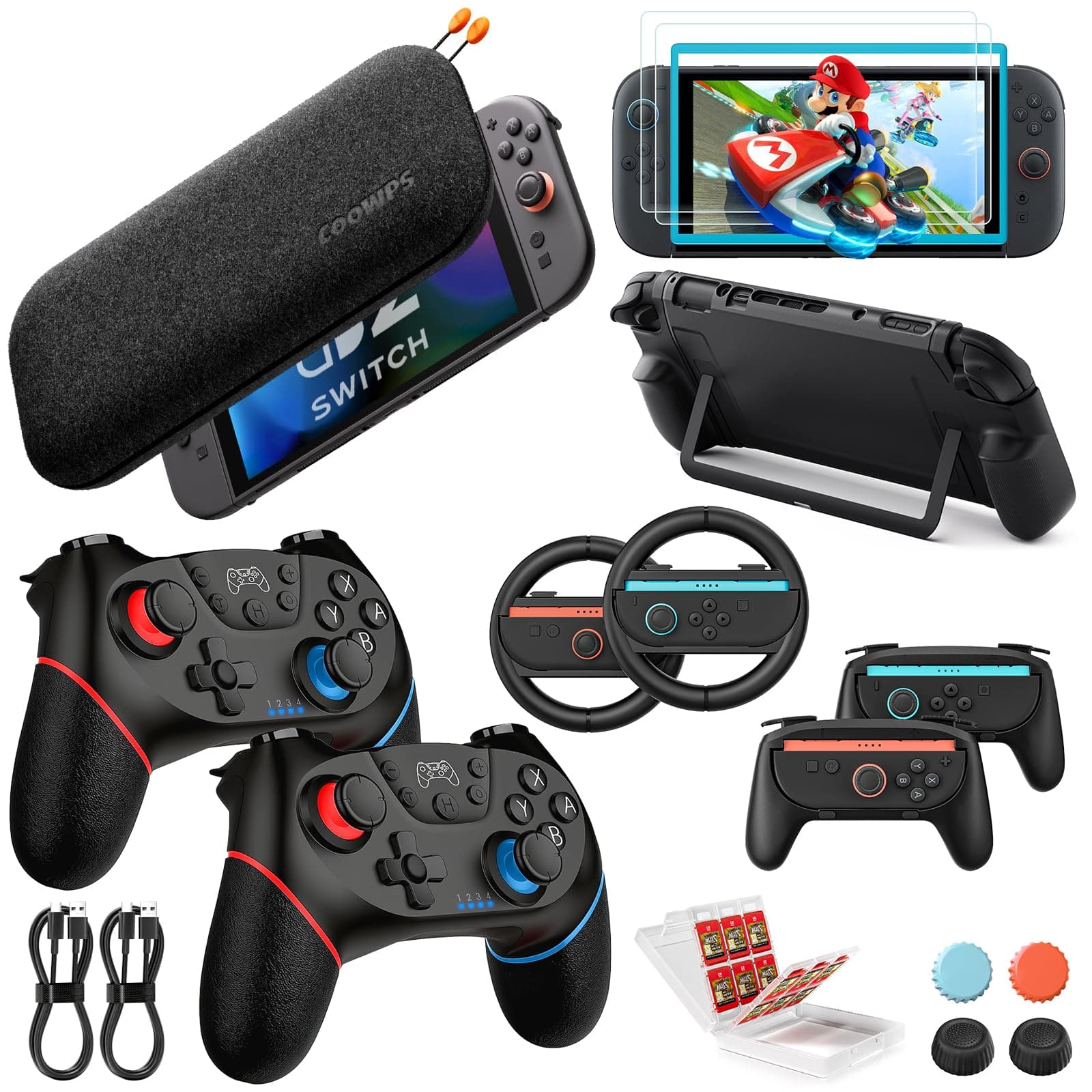 Retear Pack Accessoires Switch 2 (17 en 1), 2*Manette Pro Switch 2, Étui Tout En Un, Poignées Joycon, Verre Trempé, Coque Protectrice, Volants, Étui À Cartes Et Capuchon Joystick