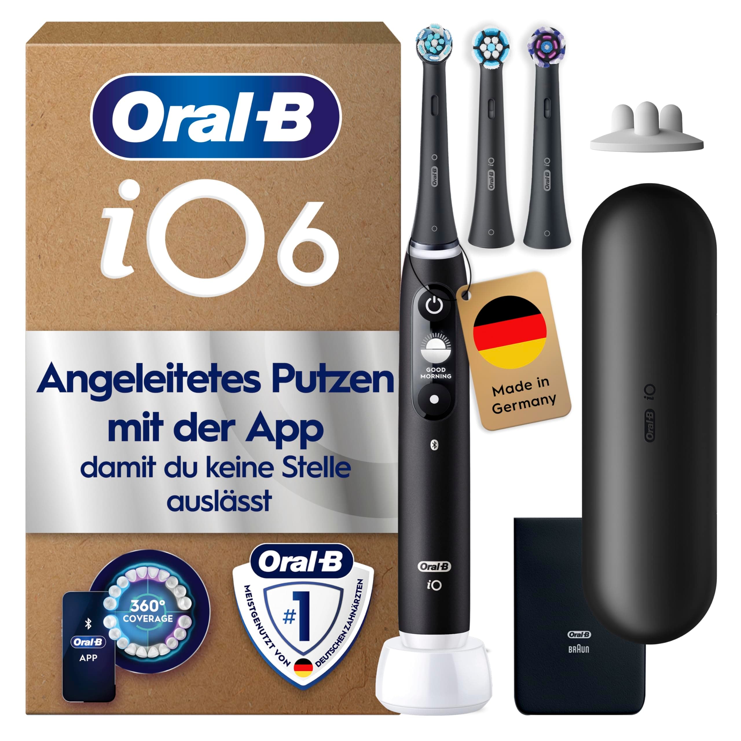 Oral-B iO Series 6 Plus Edition Elektrische Zahnbürste mit 3 Aufsteckbürsten, Schwarz - Electric Toothbrush, Inkl. Reise-Etui Und 5 Putzmodi für Zahnpflege, Designed by Braun